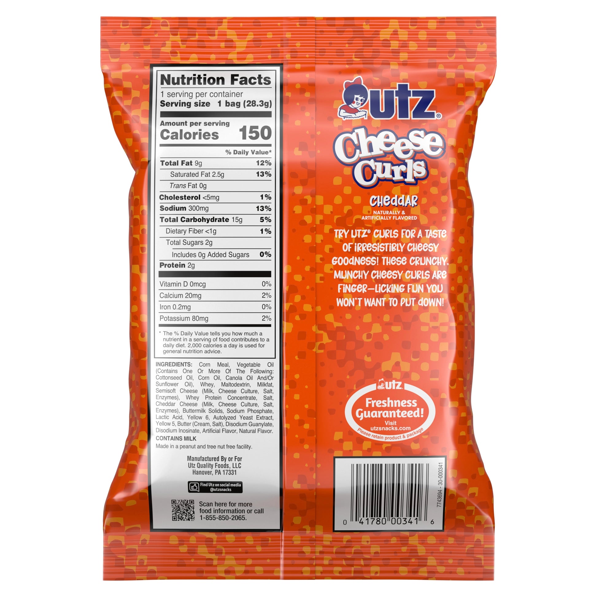 Utz Cheese Curds snack bag with nutrition facts label on a white background