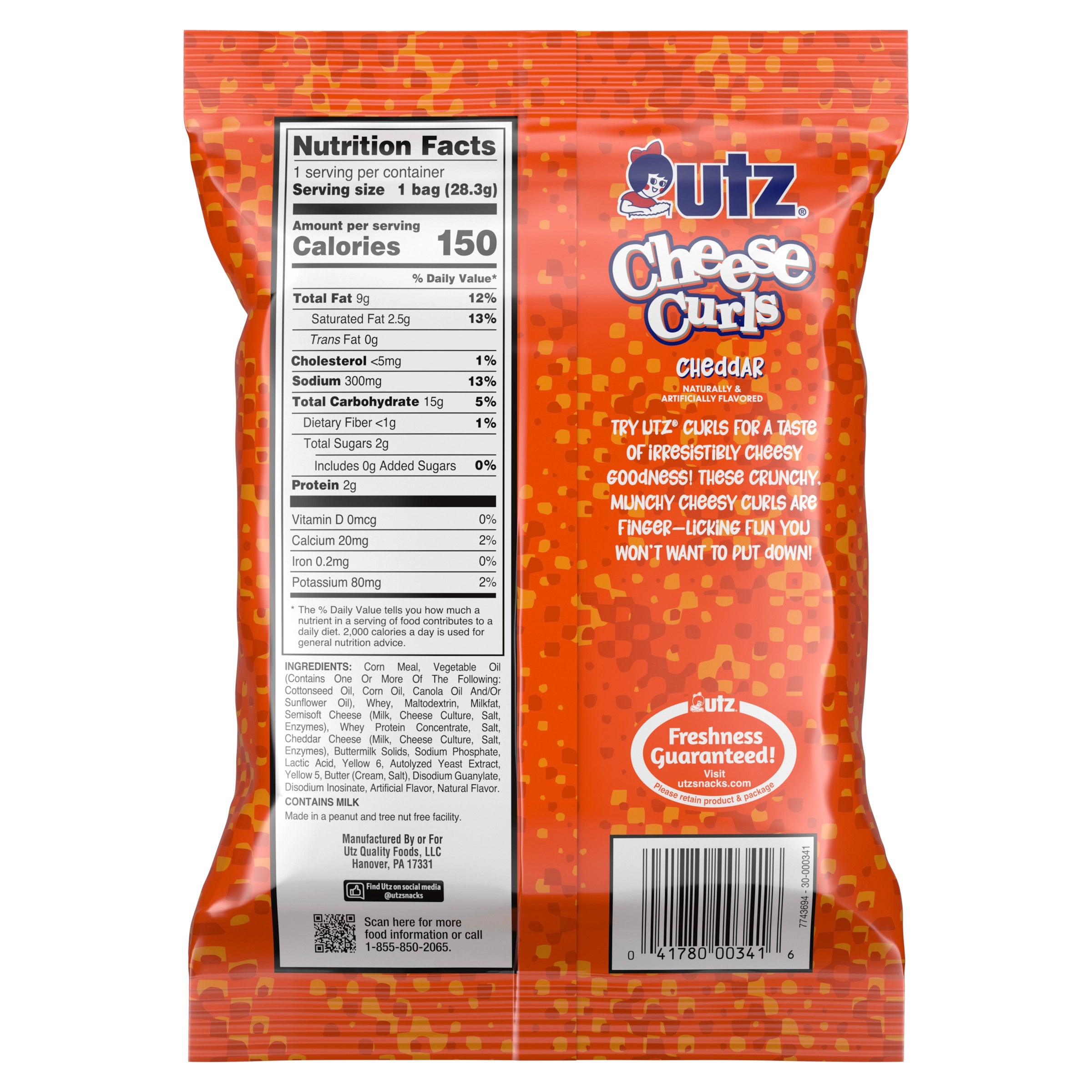 Utz Cheese Curds snack bag with nutrition facts label on a white background