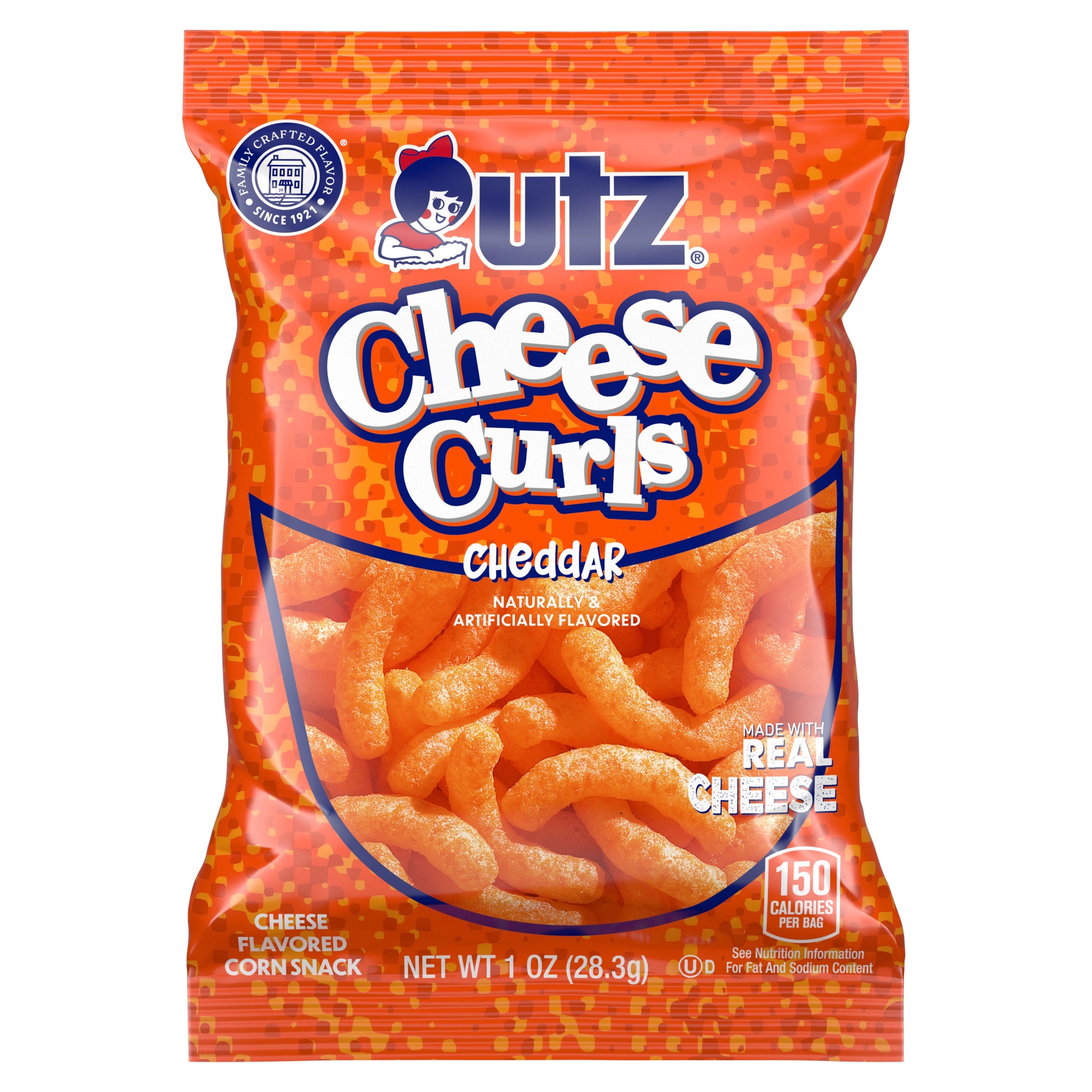 Packaging of Utz Cheese Curls Cheddar flavor on a white background