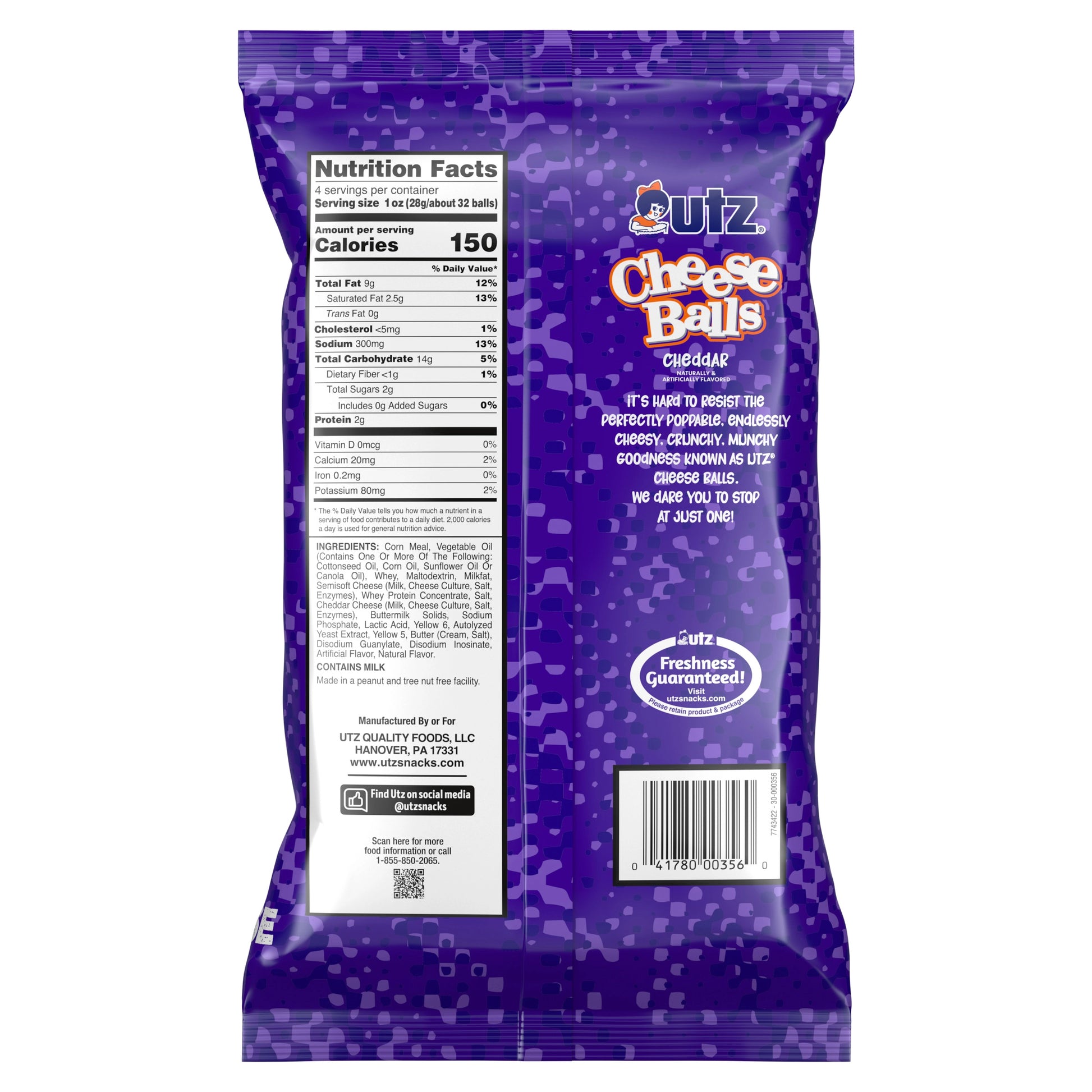 Purple package of Lutz Cheeze Balls with nutritional information and branding on a white background