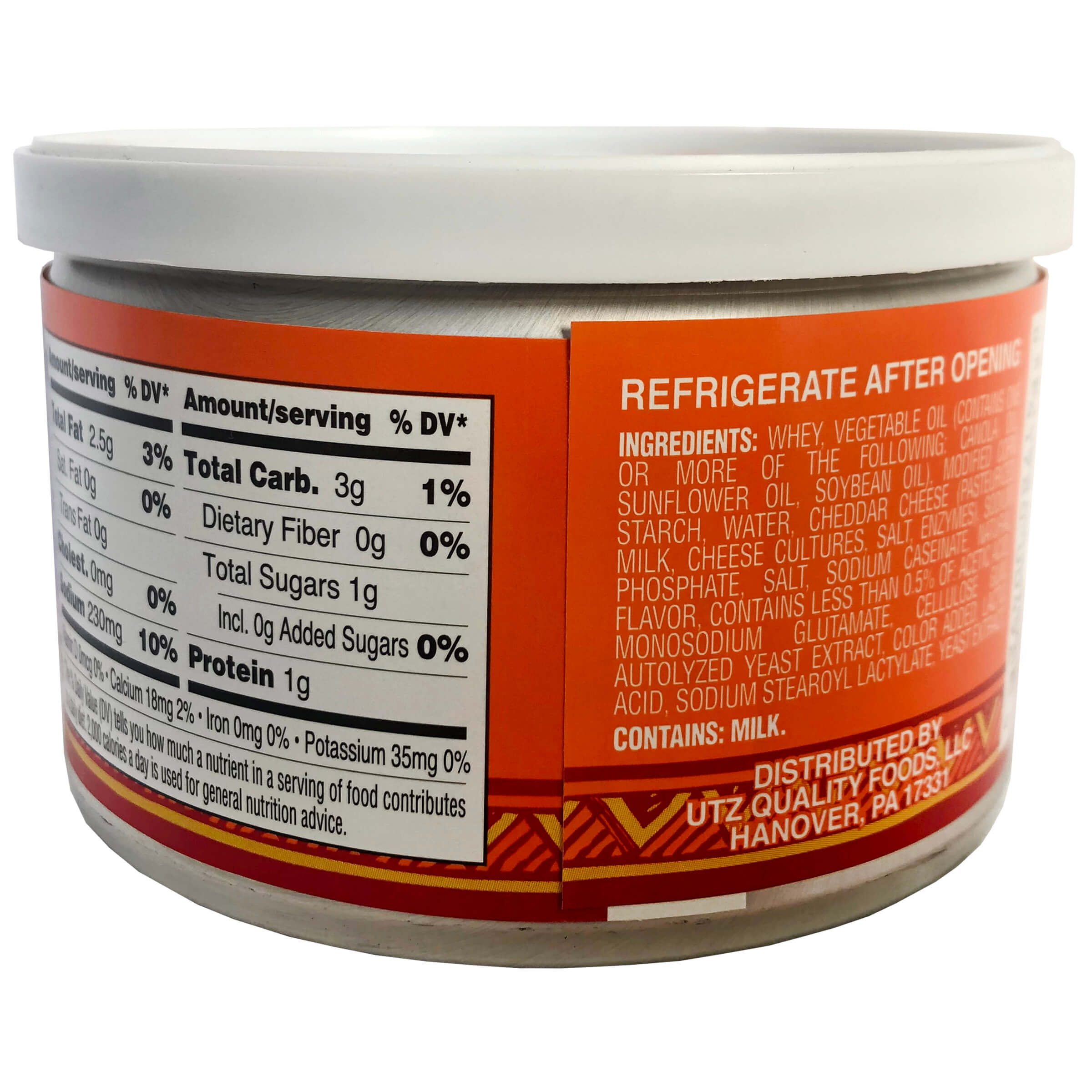 Back of a container with nutritional information and ingredient list on an orange label.