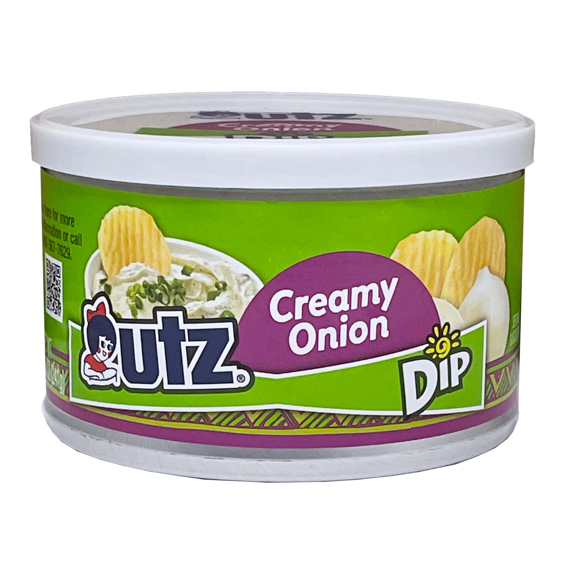 Container of Sutz Creamy Onion Dip with green label and white lid
