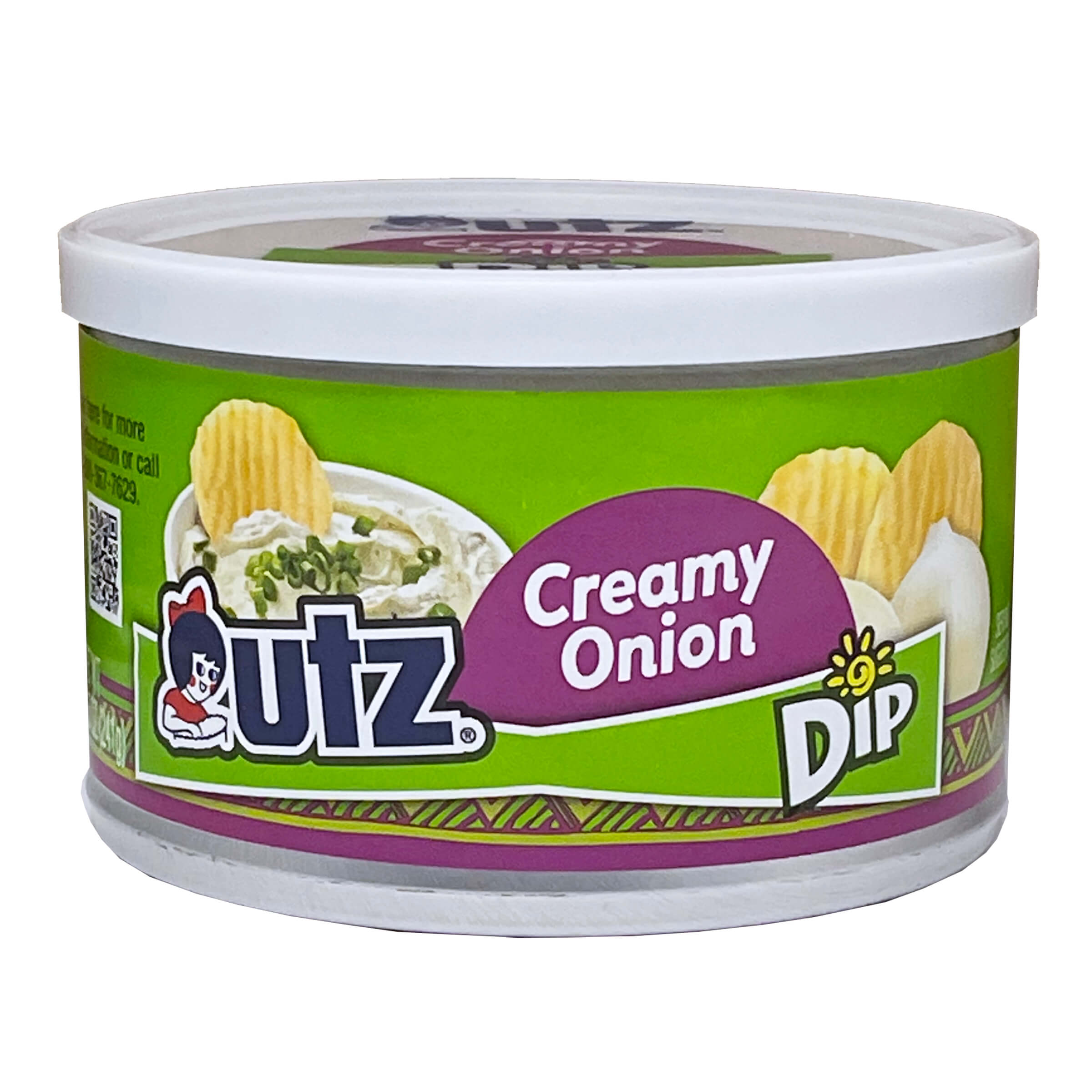 Container of Sutz Creamy Onion Dip with green label and white lid