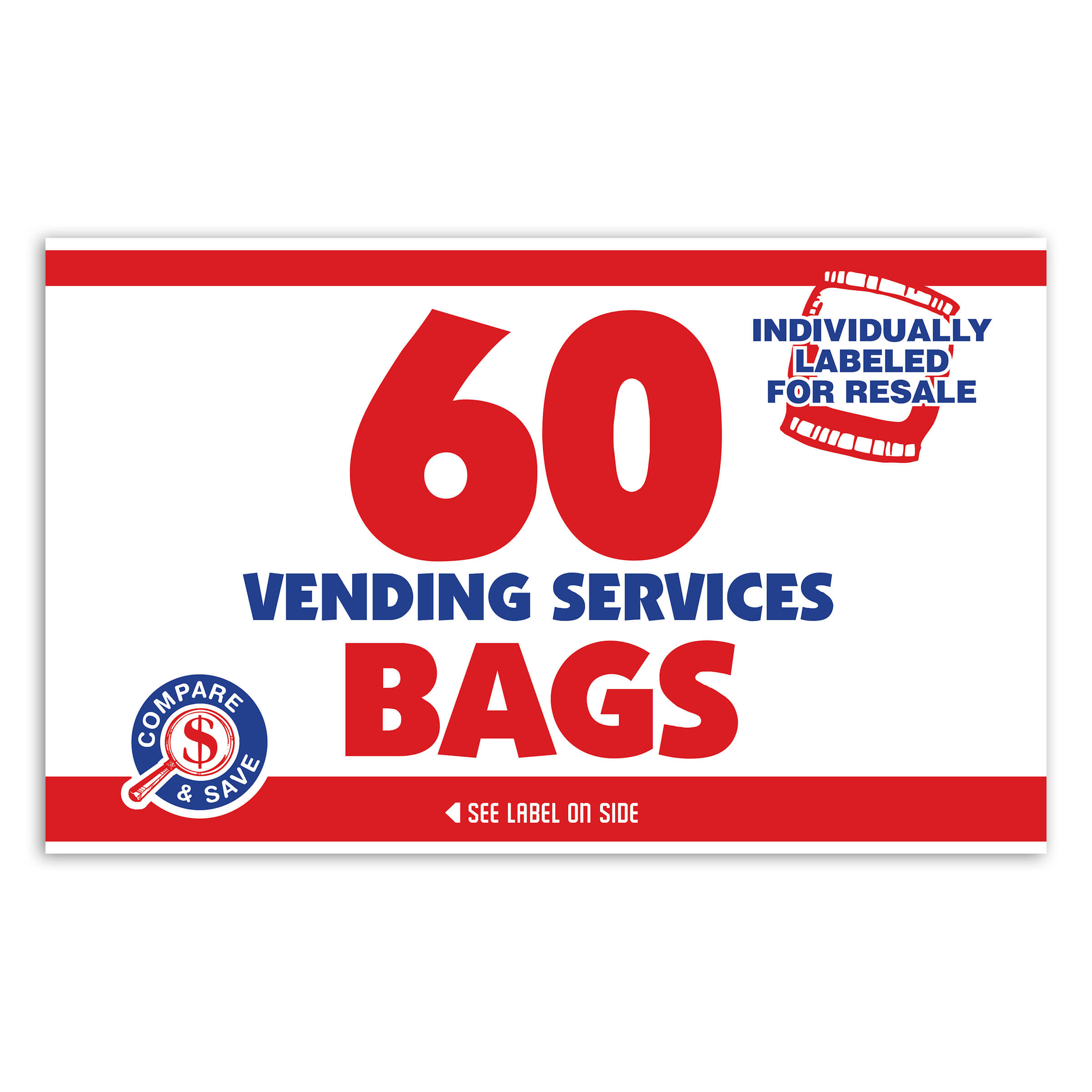60 Vending Services Bags label with red and blue text on a white background