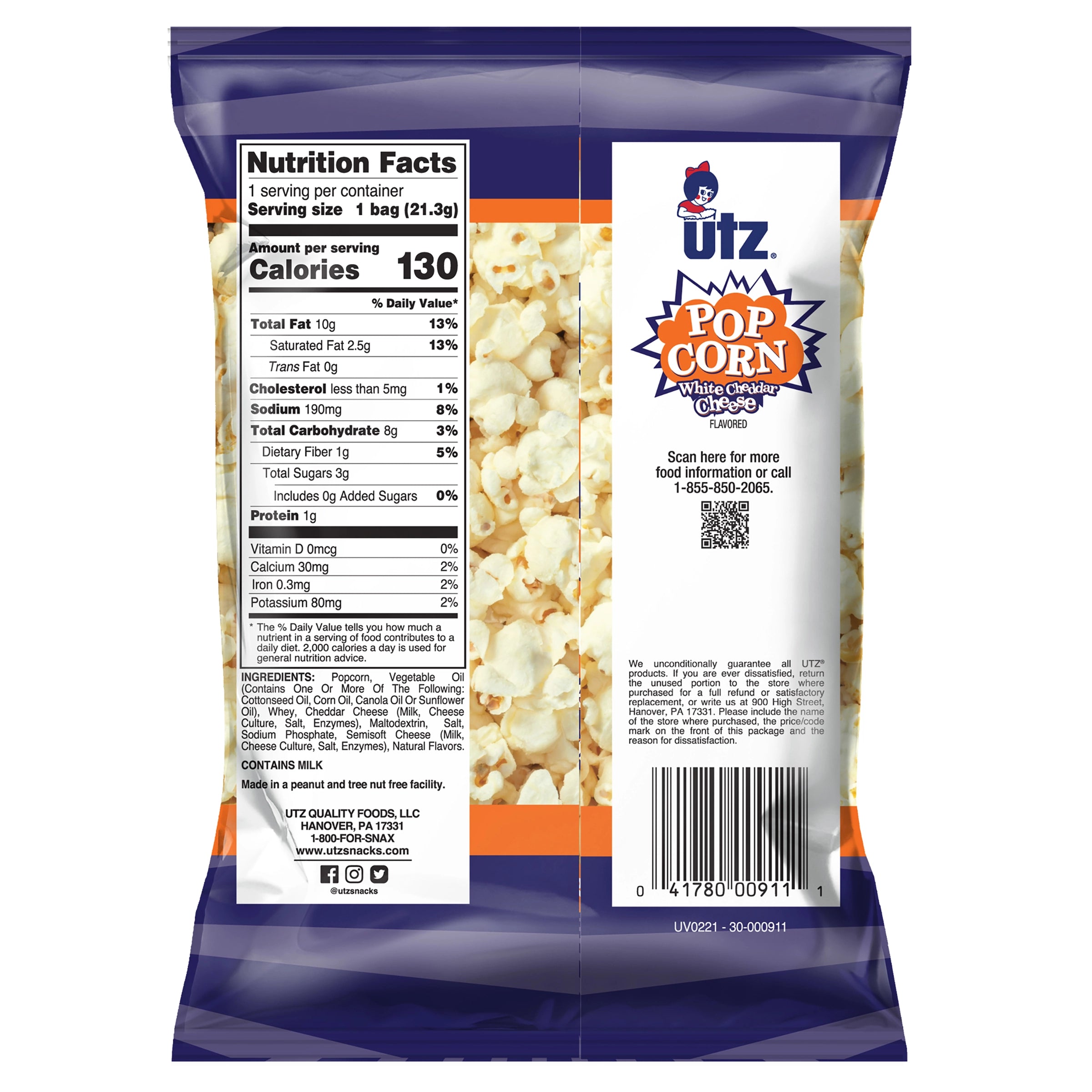Back view of a Utz Pop Corn bag with nutrition facts and branding.