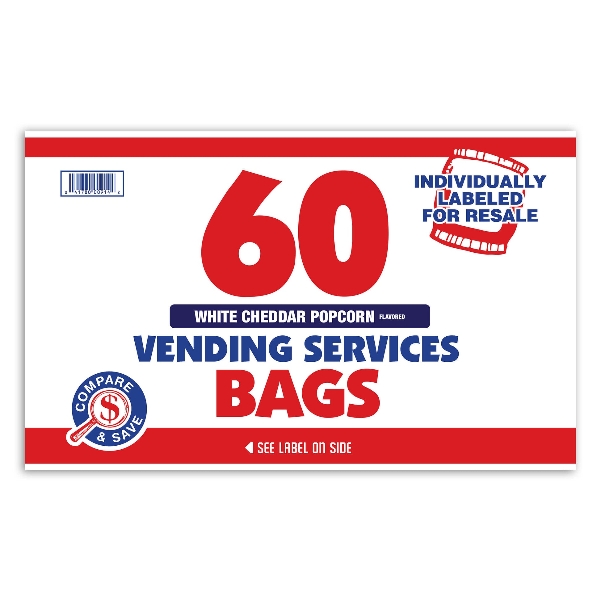 Packaging for 60 white cheddar popcorn vending bags with red and blue text on a white background.