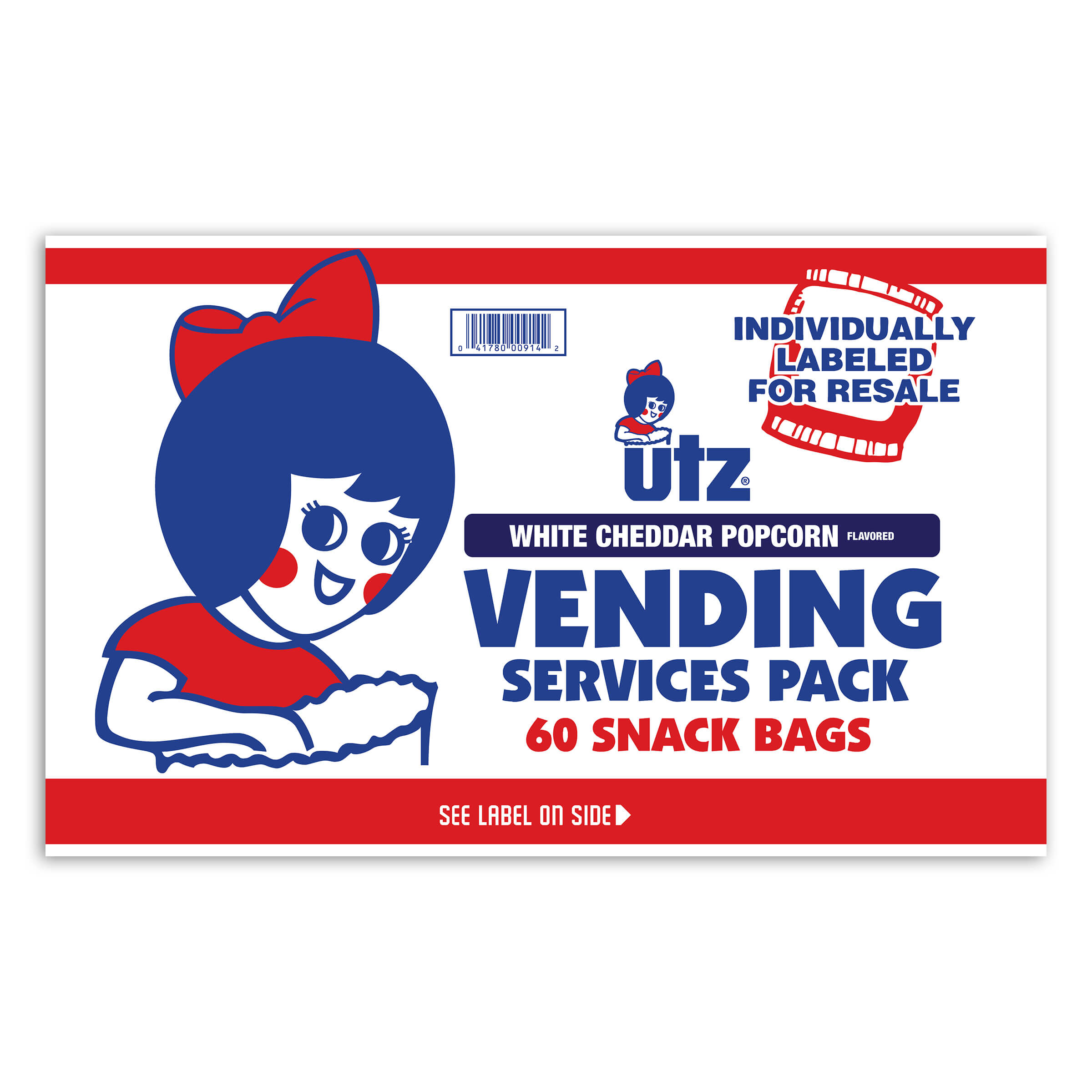 Utz white cheddar popcorn vending services pack label on a white background