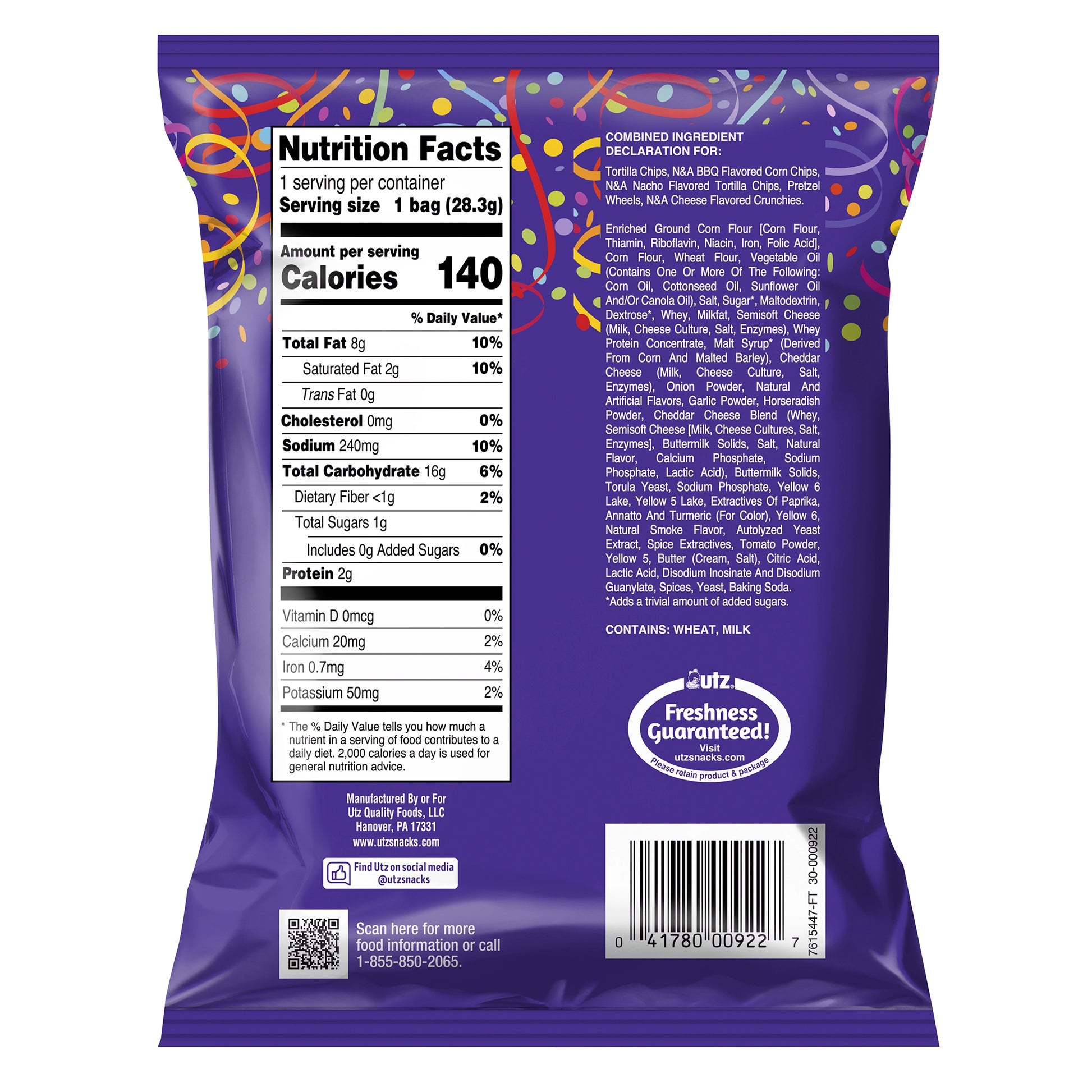 Back of a purple snack bag with nutrition facts and ingredient list on a white background