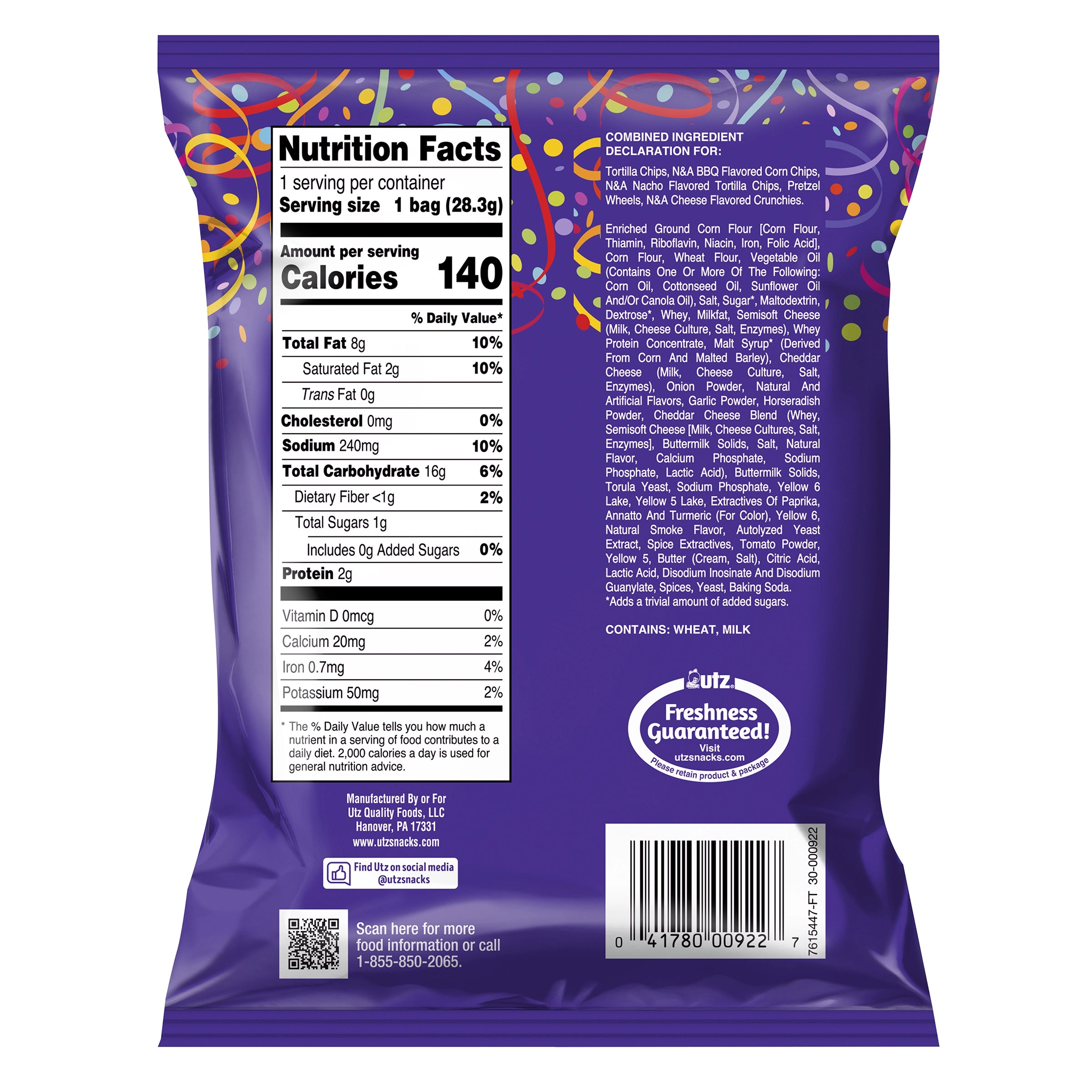 Back of a purple snack bag with nutrition facts and ingredient list on a white background