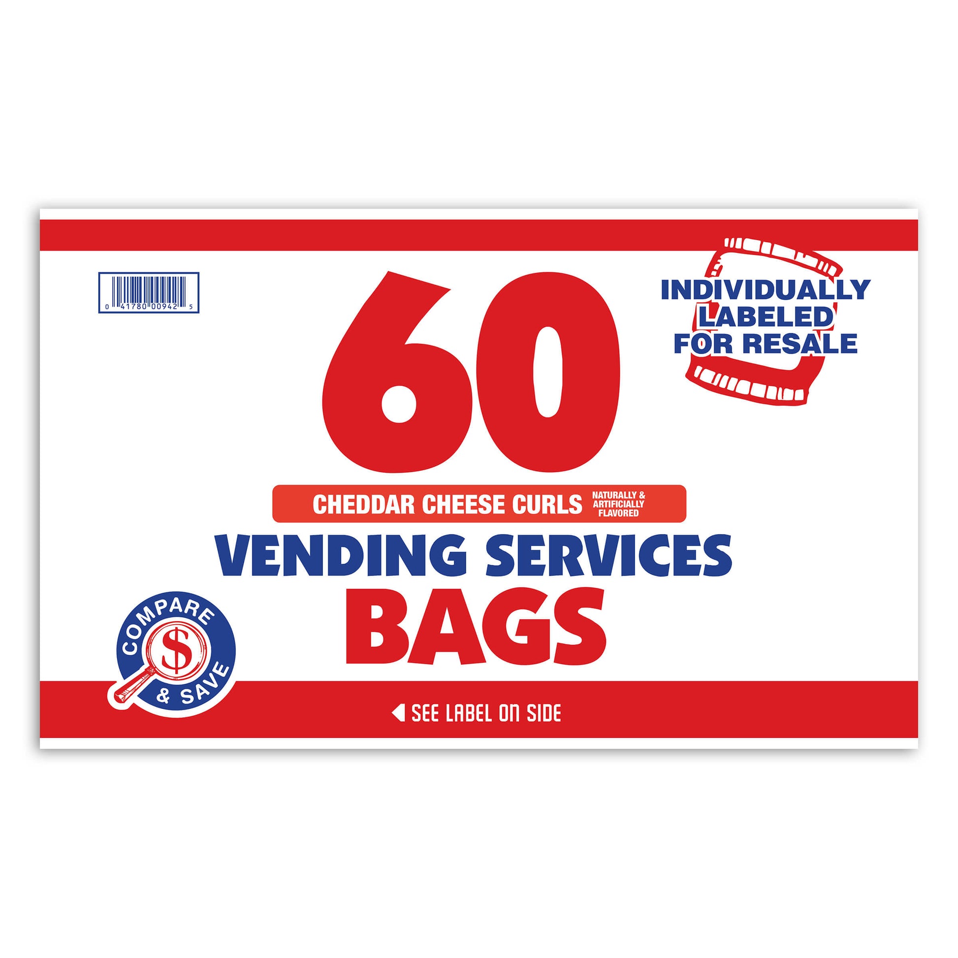 Packaging of 60 Cheddar Cheese Curls vending service bags with red and blue text on a white background.