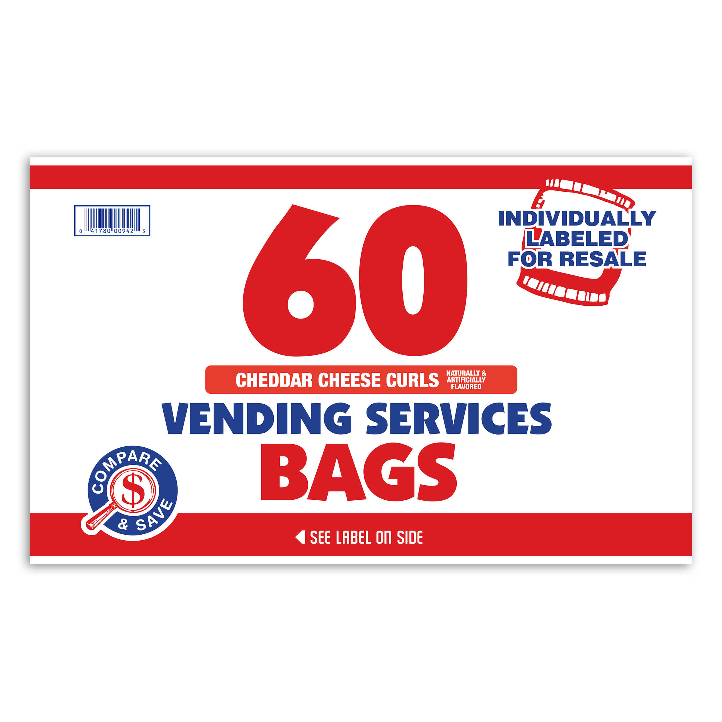 Packaging of 60 Cheddar Cheese Curls vending service bags with red and blue text on a white background.