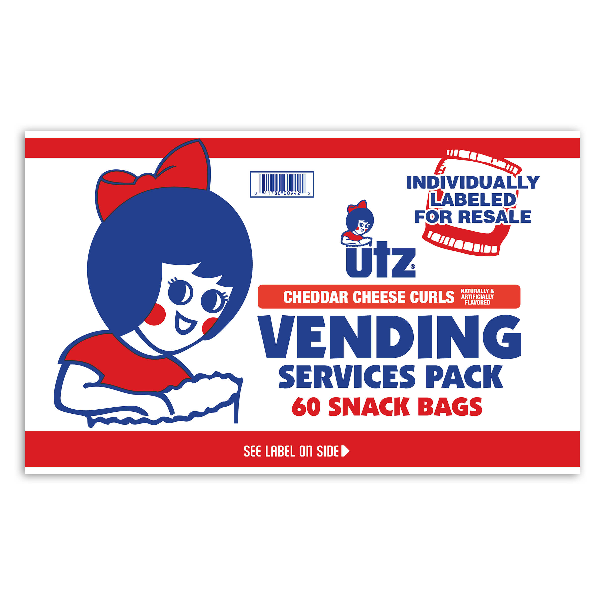 UTZ Cheddar Cheese Curls Vending Services Pack label with character design on a white background