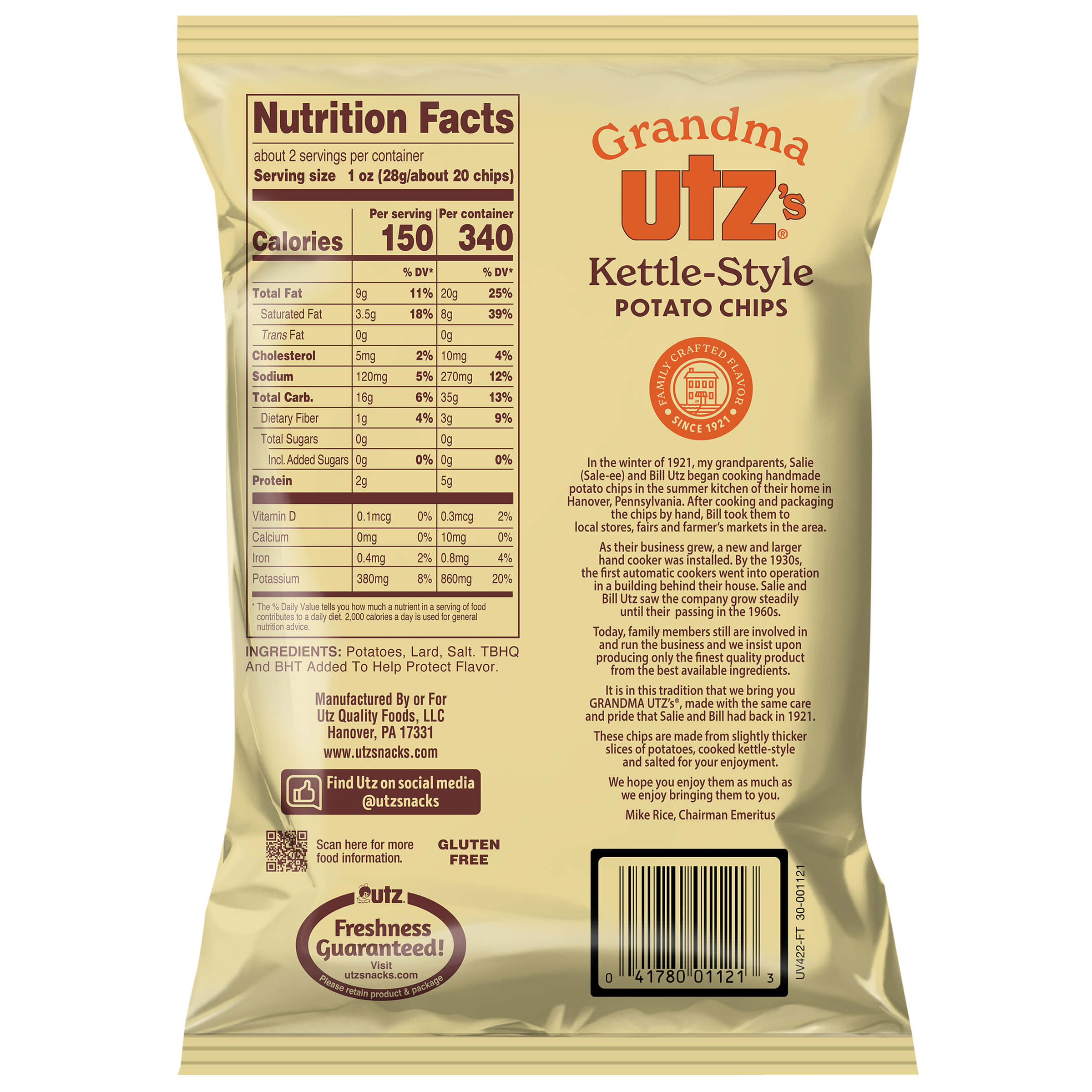 Grandma Utz Kettle-Style Potato Chips packaging with nutrition facts and branding details.