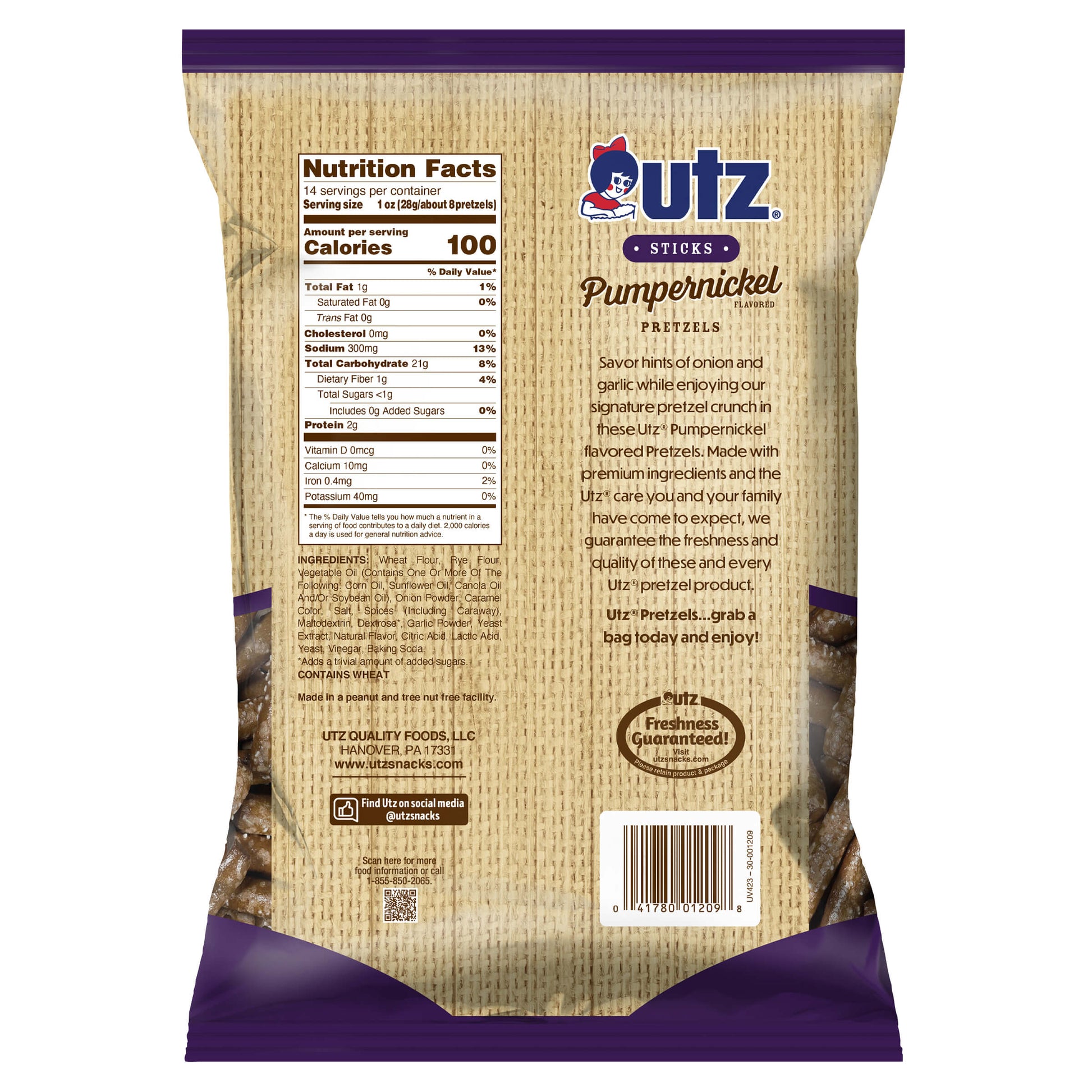 Back view of a Utz Pumpkin Pretzel bag with nutritional information and branding.