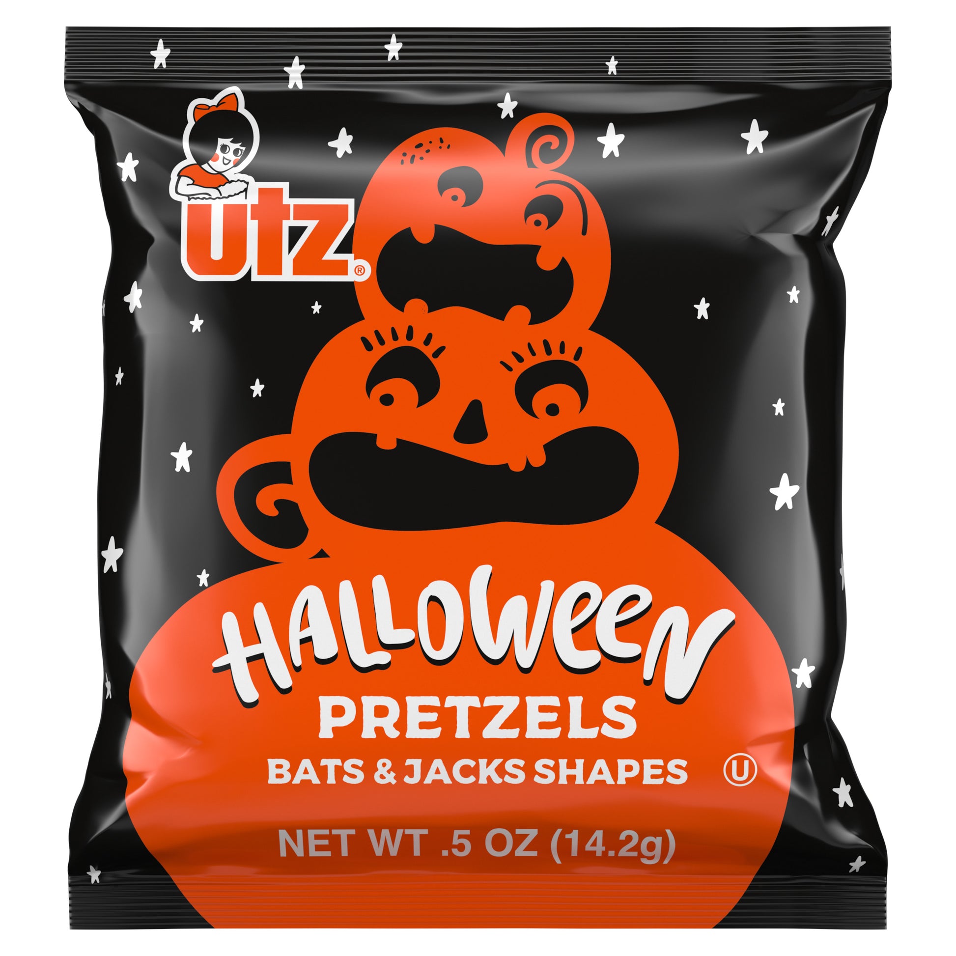 Utz Halloween Pretzels bag with orange pumpkin design on black background