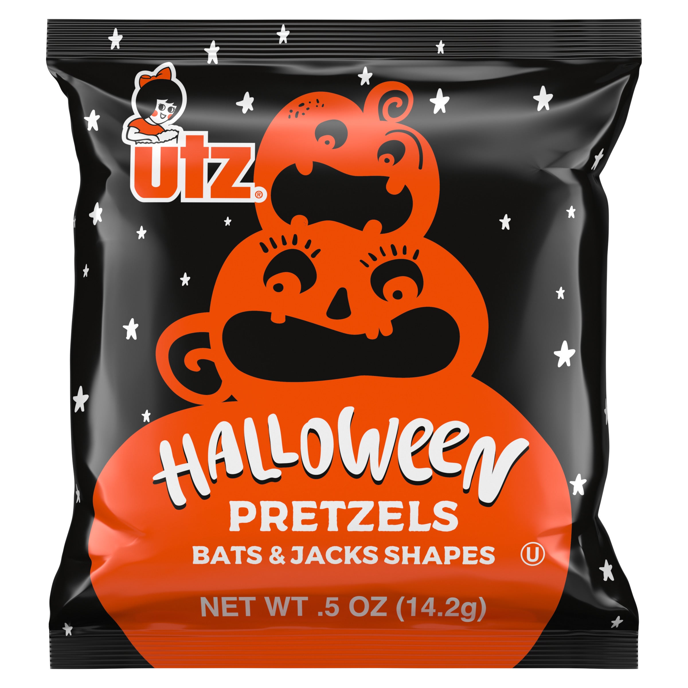 Utz Halloween Pretzels bag with orange pumpkin design on black background