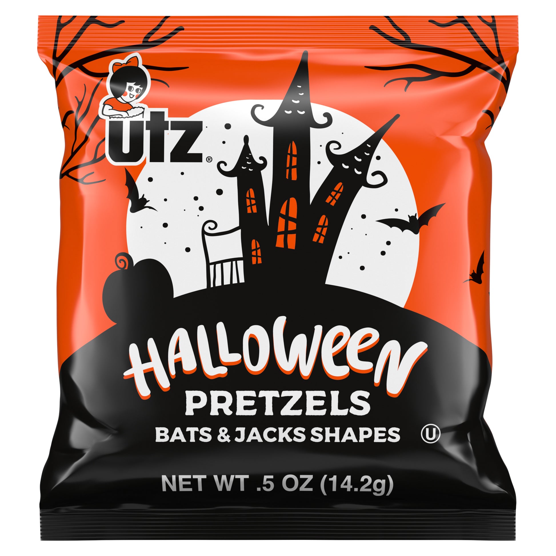 Utz Halloween Pretzels bag with bats and jacks shapes design