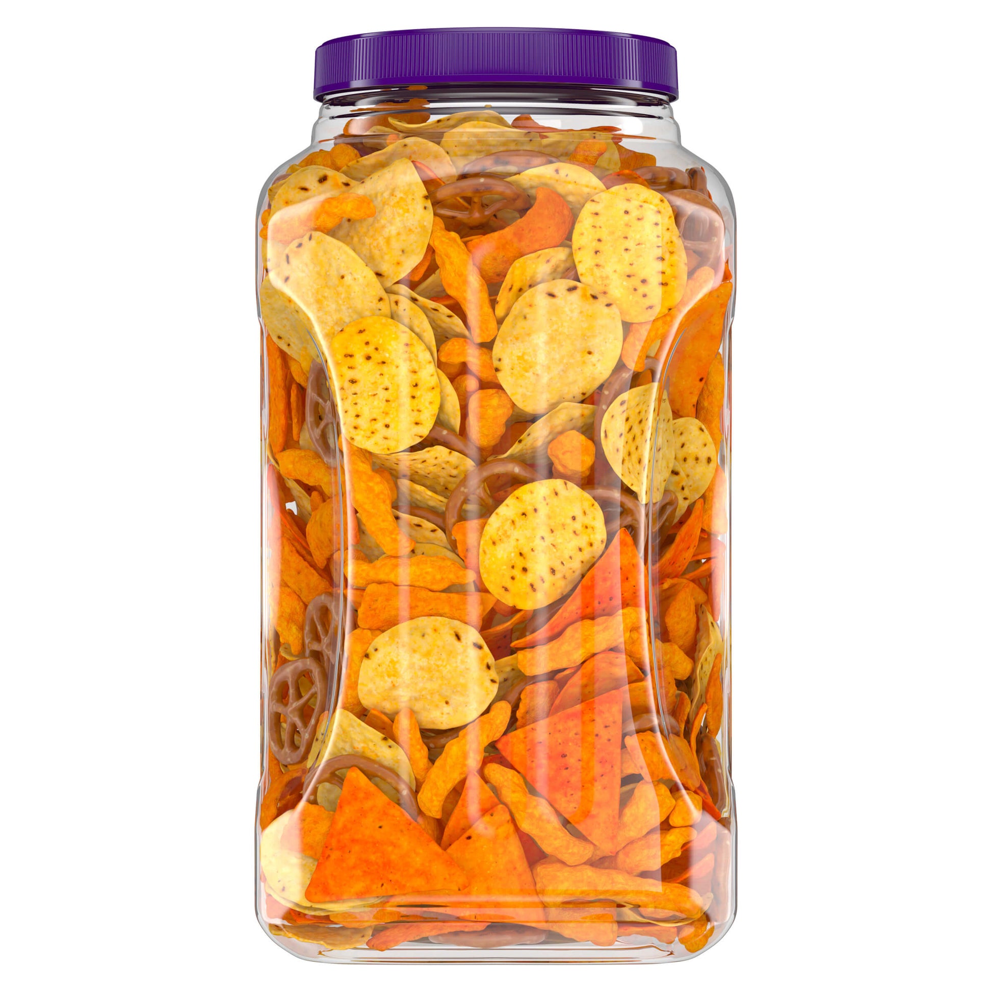 Jar of colorful tortilla chips with a purple lid on a white background