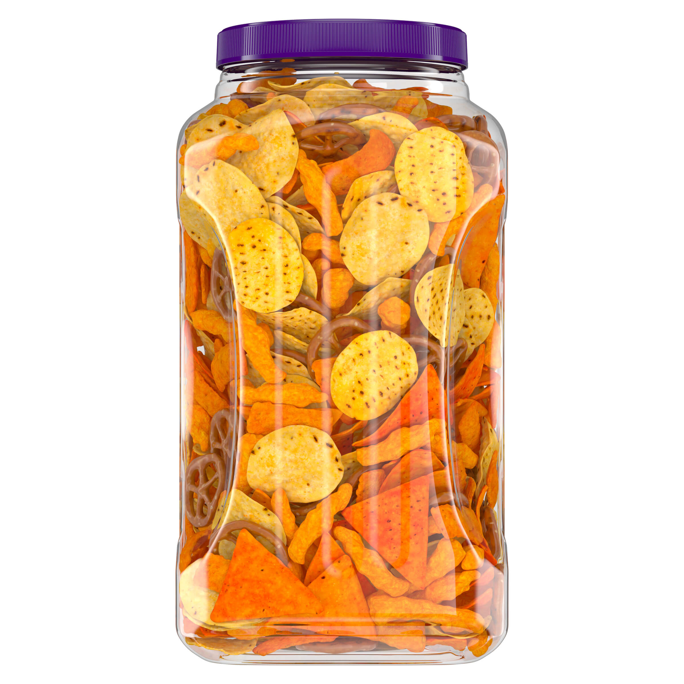 Jar of colorful tortilla chips with a purple lid on a white background