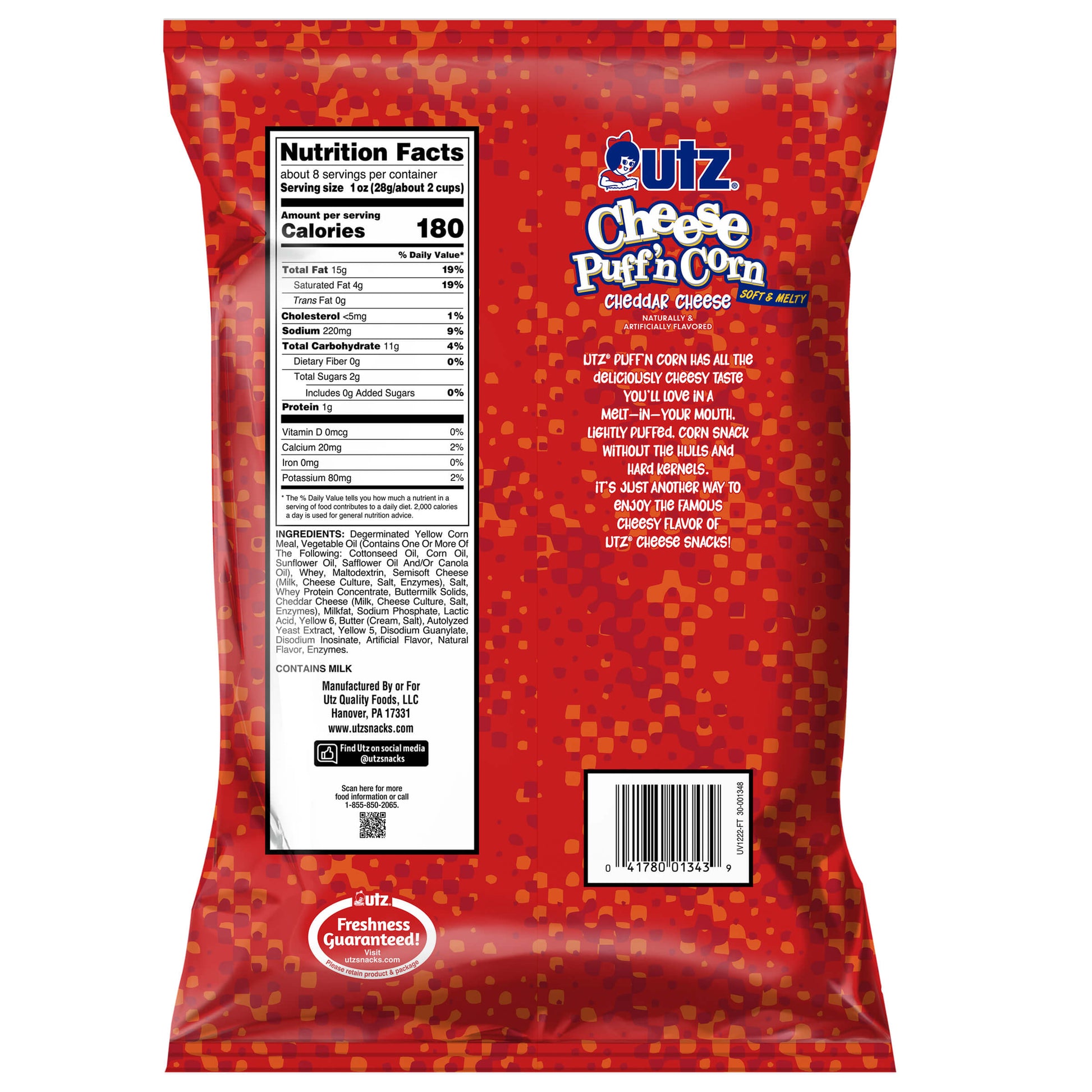 Back view of a red bag of Outz Cheese Puff'n Corn with nutritional information and branding.