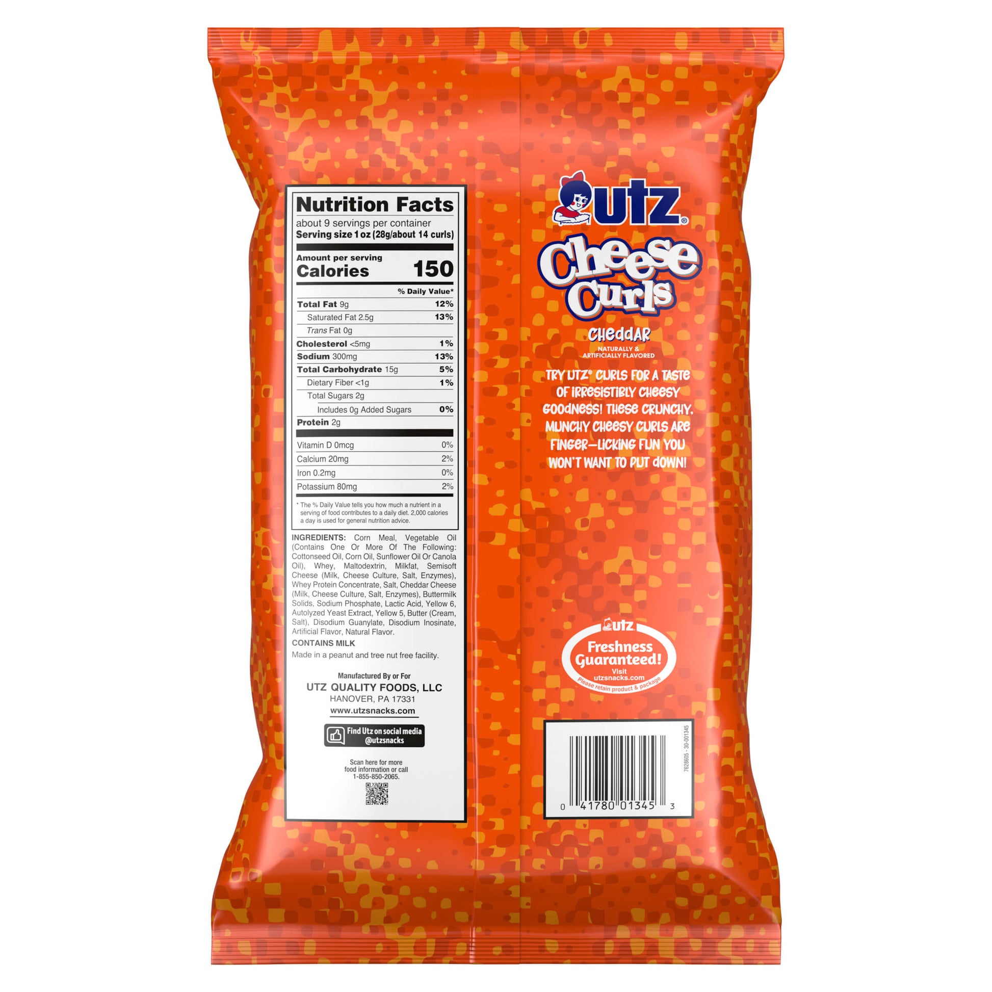 Outz Cheese Curls snack bag with nutrition facts label on a white background