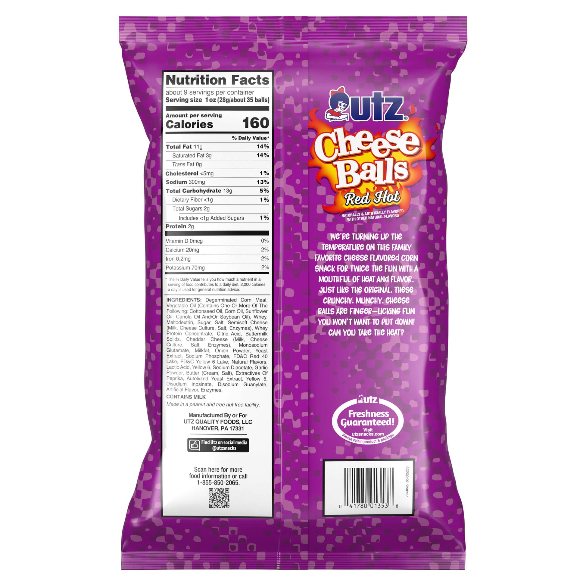 Purple bag of Butz Cheese Balls Red Hot with nutrition facts and branding on a white background