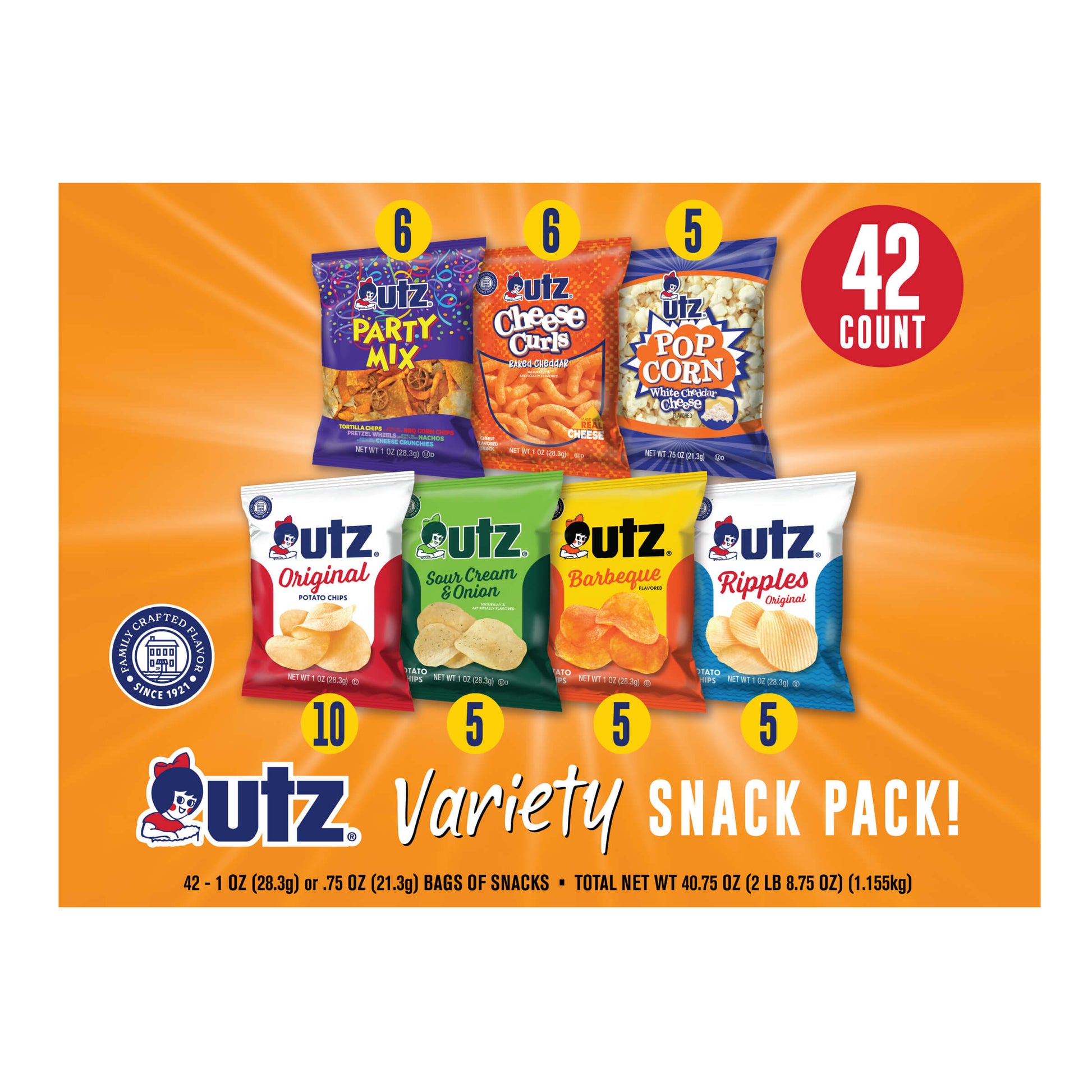 UTZ Variety Snack Pack packaging with different snack types on an orange background