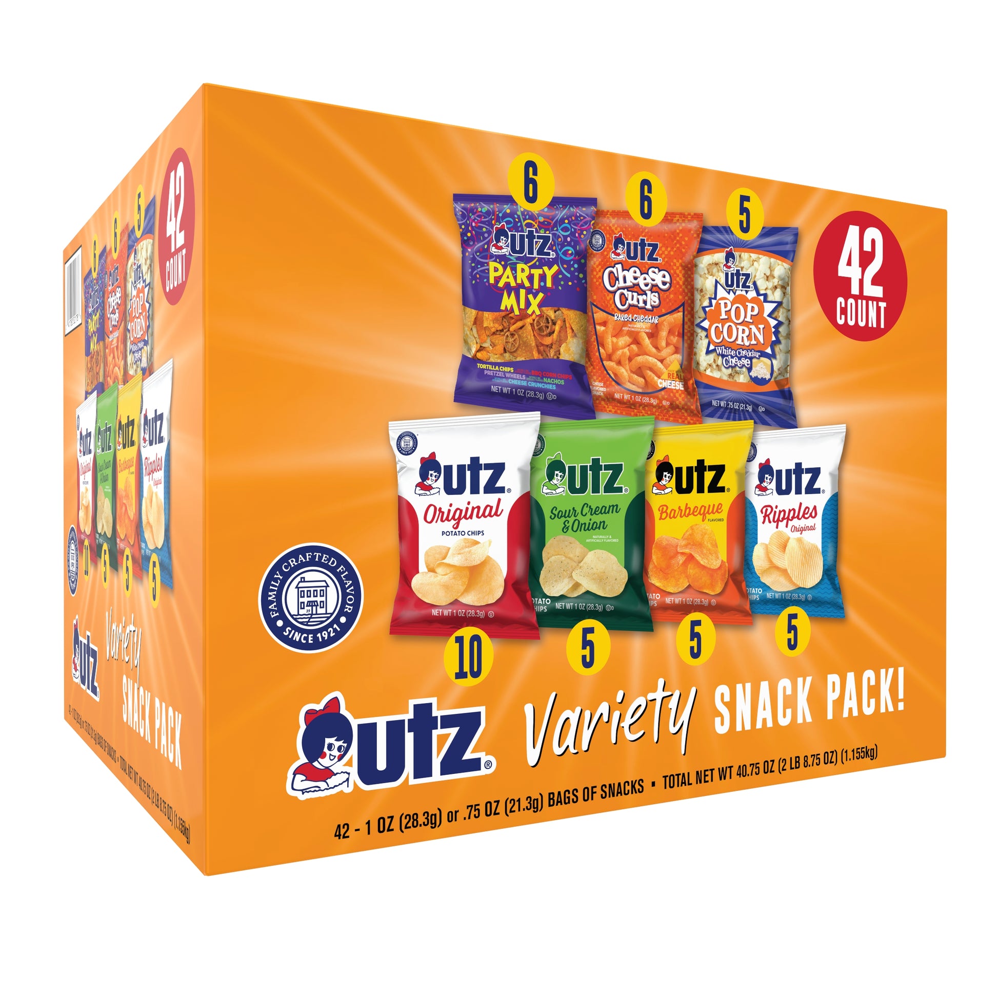 Box of Utz variety snack pack with multiple snack bags displayed on an orange background