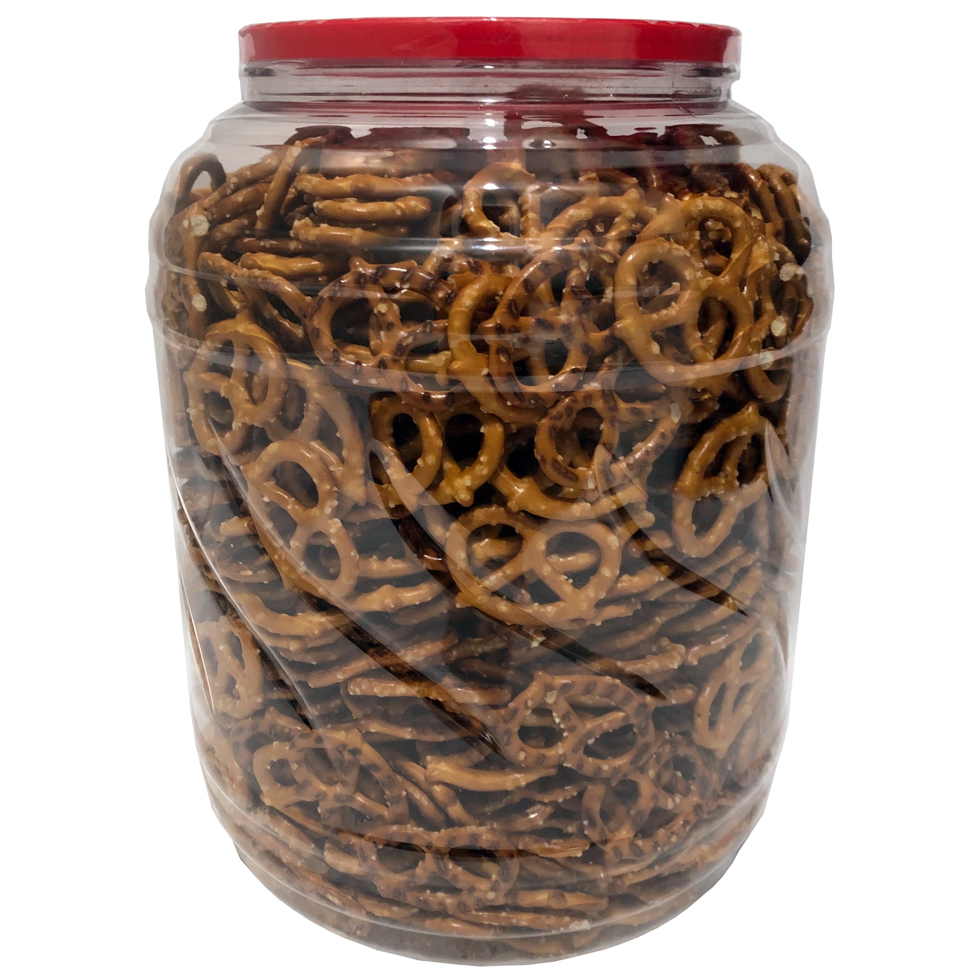 Clear jar filled with pretzels and a red lid on a white background