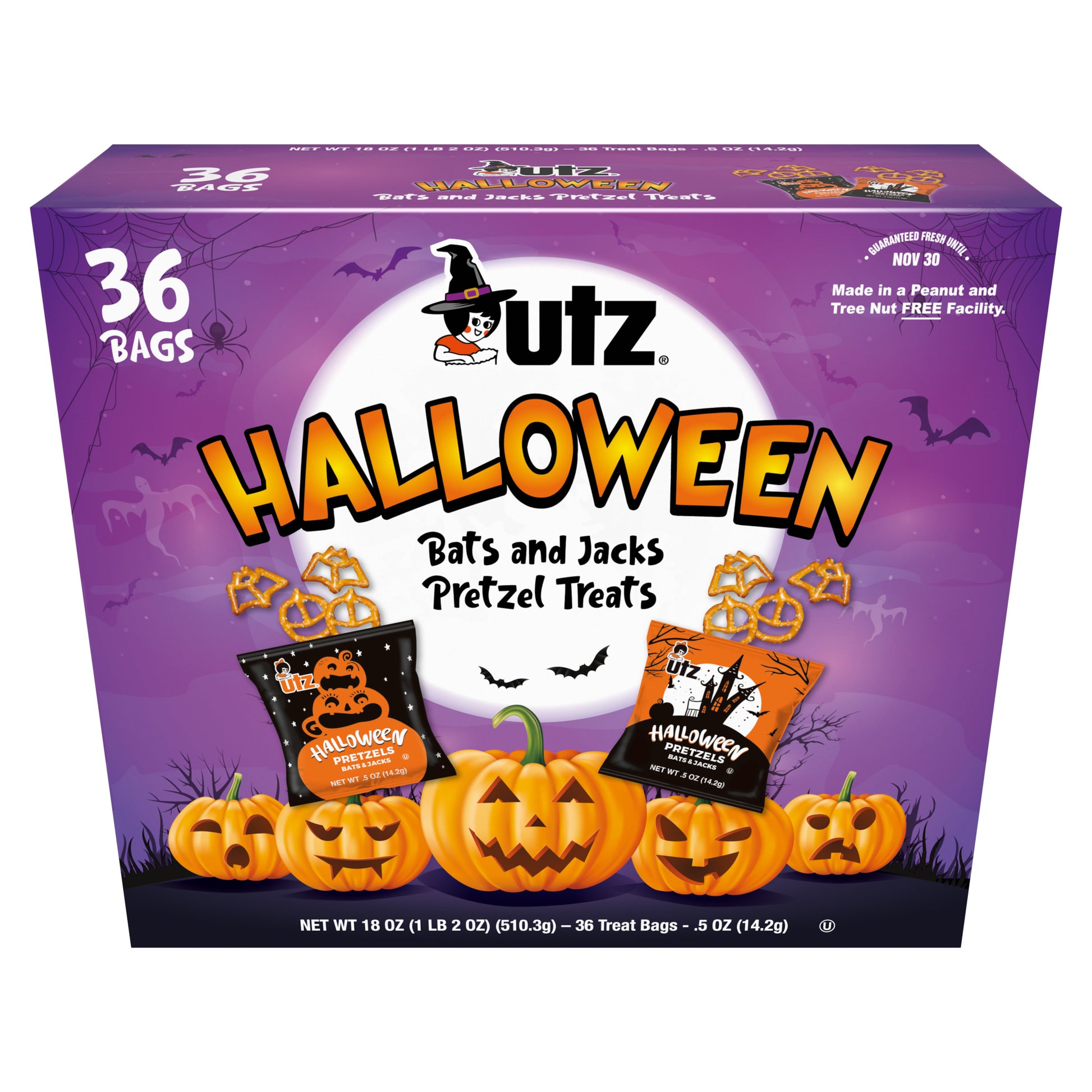 UTZ Halloween pretzel treats packaging with pumpkins and bats on a purple background