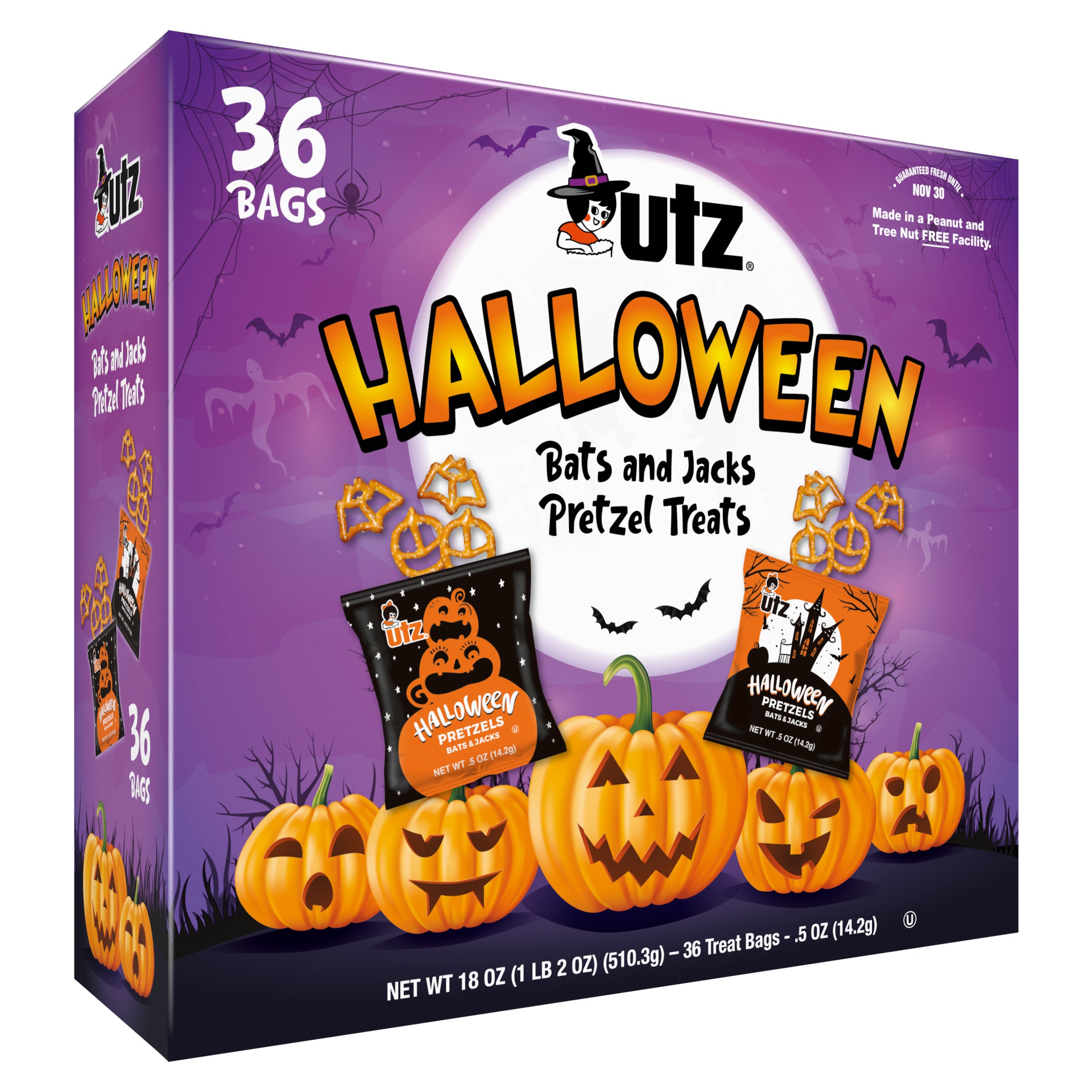 Utz Halloween Pretzel Treats 36-count box with pumpkin and bat design