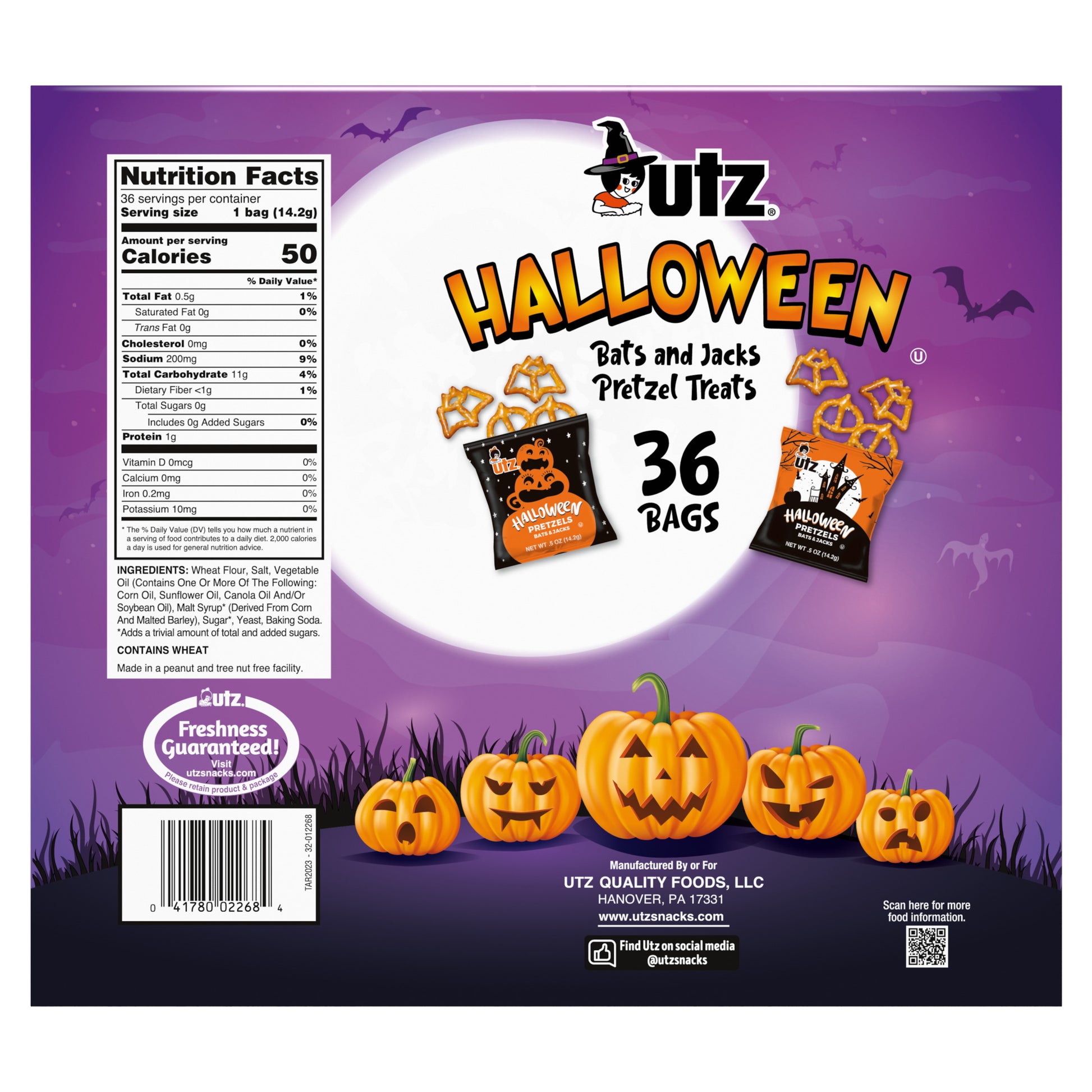 Utz Halloween Pretzel Treats 36-count box back with nutrition facts and product images