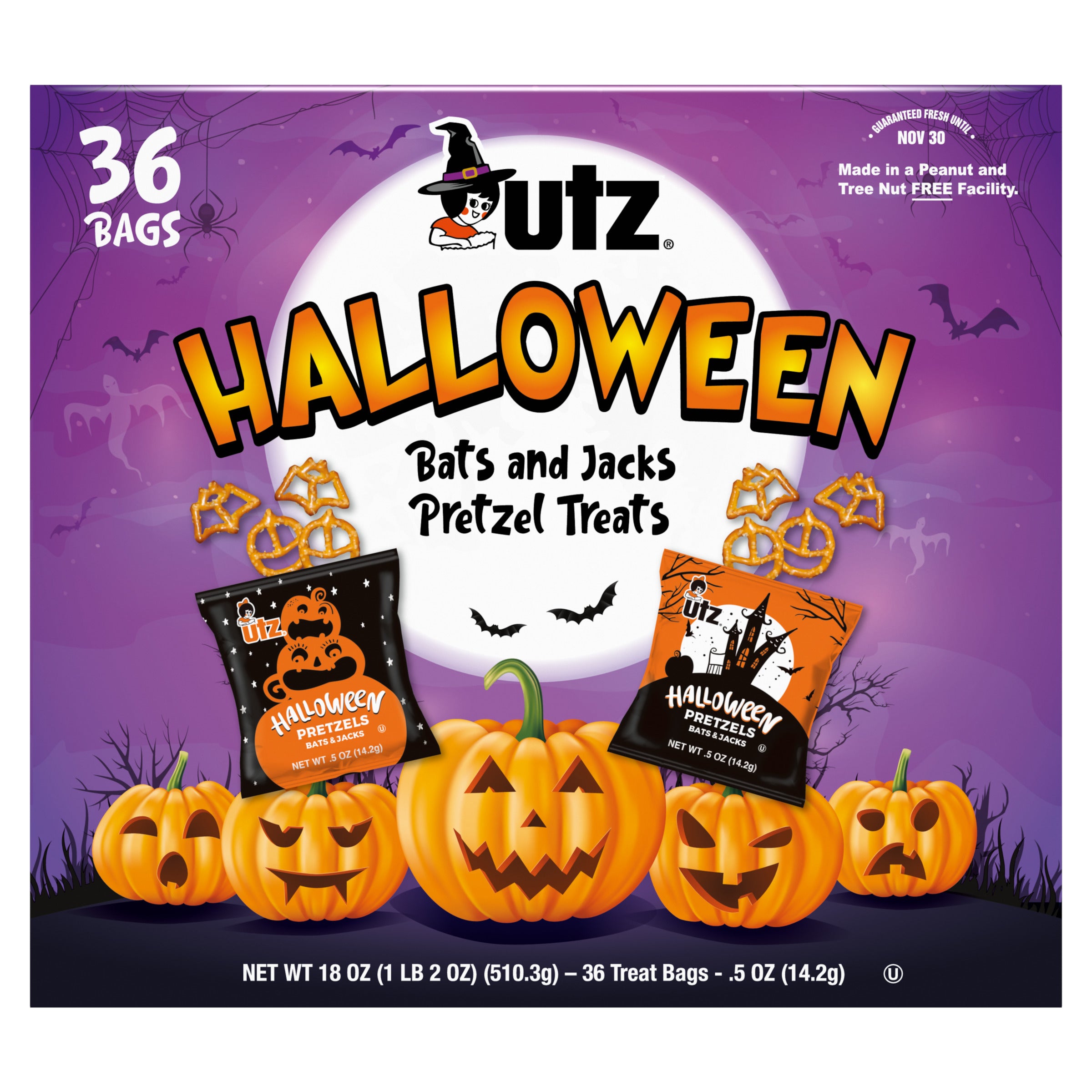 UTZ Halloween pretzel treats packaging with pumpkins and bats on a purple background