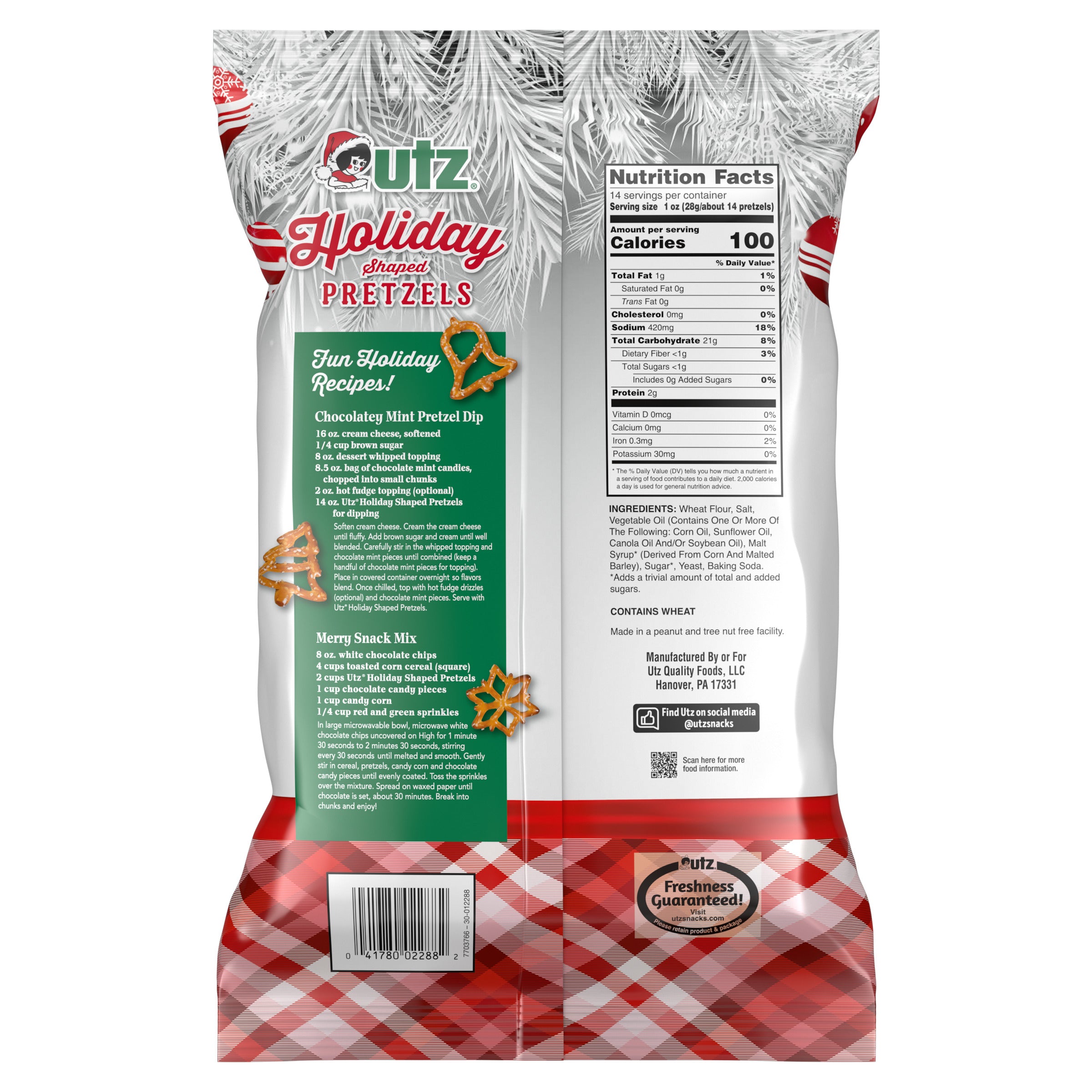 Back of the Utz Holiday Shaped Pretzels 14oz bag. Displays nutrition facts, ingredient list, and festive holiday recipes like Chocolatey Mint Pretzel Dip and Merry Snack Mix. Includes a holiday-themed design with white pine branches and a red checkered pattern.