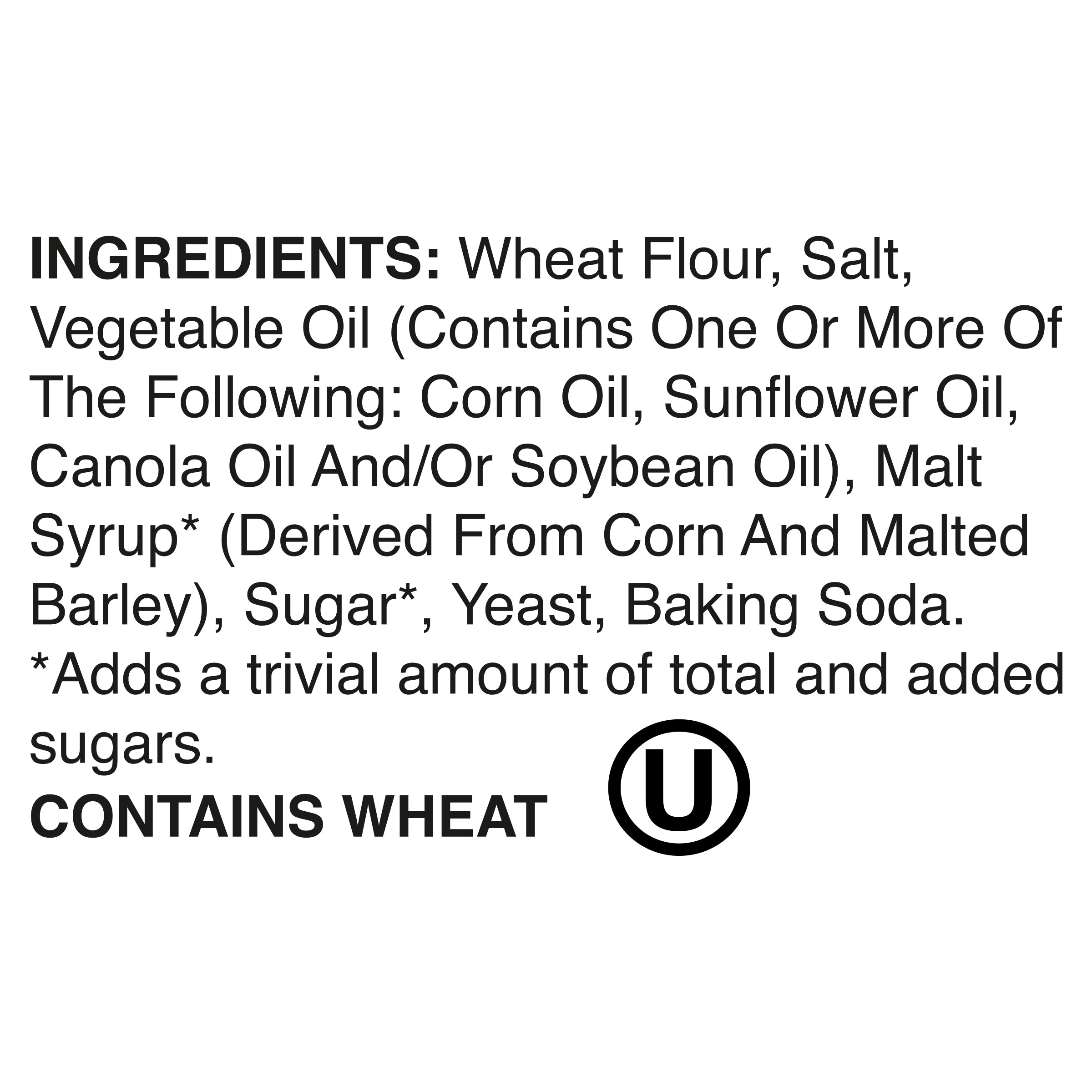 Black and white ingredient label for Utz Holiday Shaped Pretzels in a 14oz bag. Contains ingredients such as wheat flour, salt, vegetable oil, malt syrup, sugar, and baking soda. Notes that it contains wheat and is certified kosher.