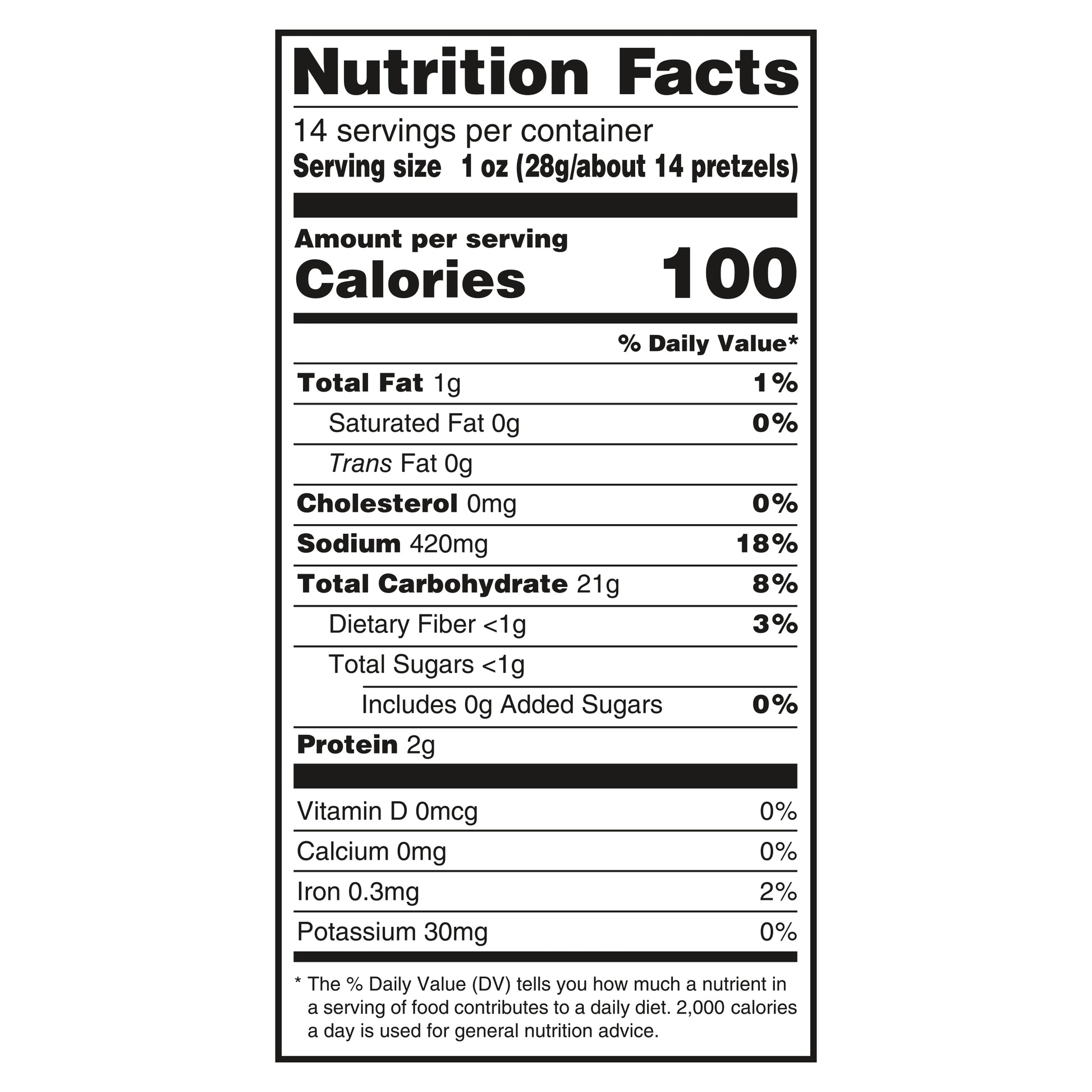 Black and white nutrition facts label for Utz Holiday Shaped Pretzels in a 14oz bag. Indicates 100 calories per serving (1 oz or about 14 pretzels), with 1g total fat, 420mg sodium, 21g carbohydrates, and 2g protein. Includes daily value percentages and sugar details.