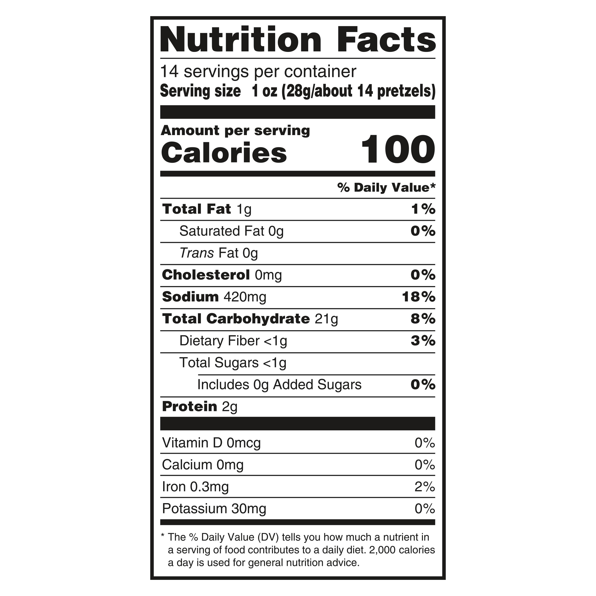 Black and white nutrition facts label for Utz Holiday Shaped Pretzels in a 14oz bag. Indicates 100 calories per serving (1 oz or about 14 pretzels), with 1g total fat, 420mg sodium, 21g carbohydrates, and 2g protein. Includes daily value percentages and sugar details.
