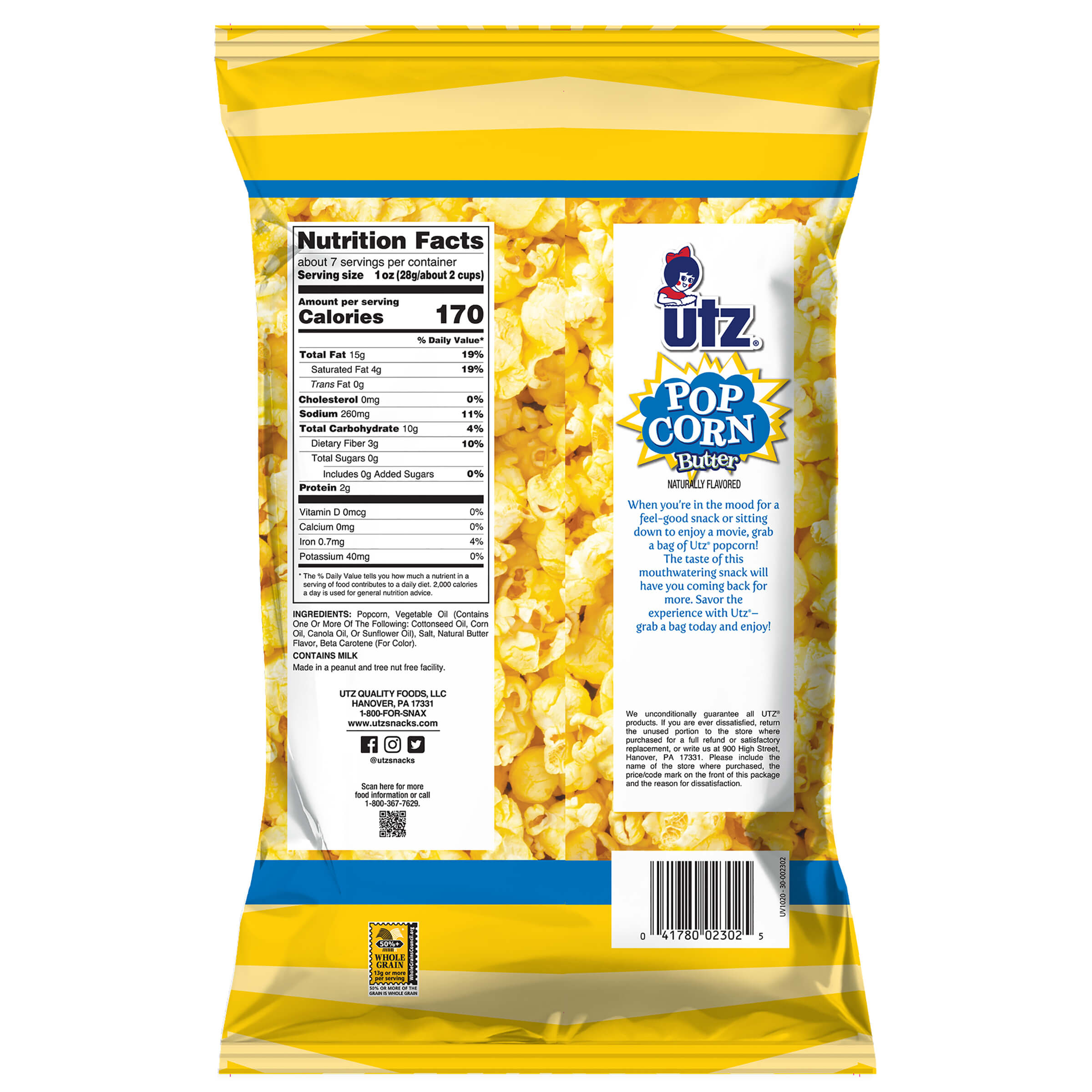 UTZ Pop Corn Butter package with nutrition facts label on a white background