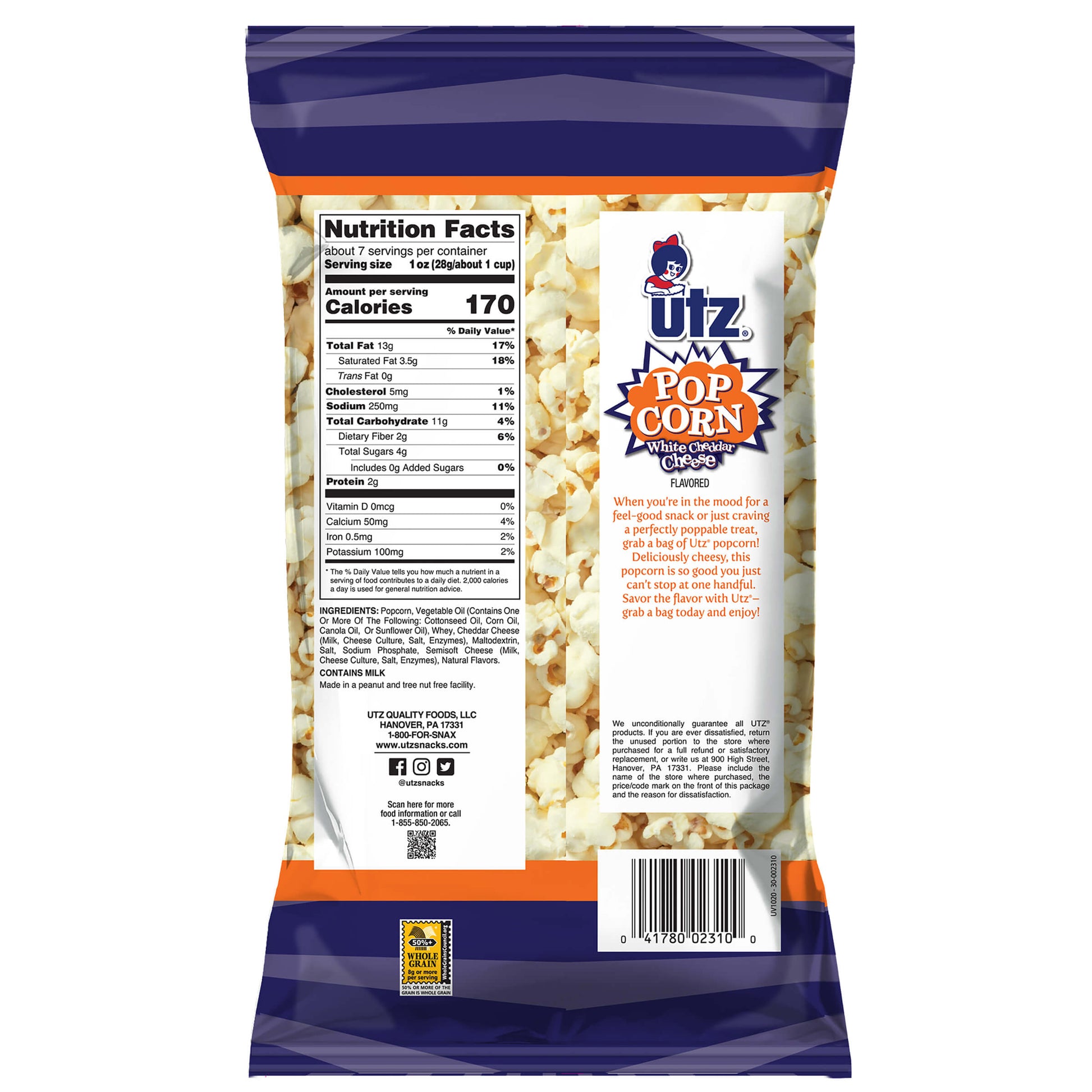 UTZ Popcorn bag with nutrition facts label on a white background