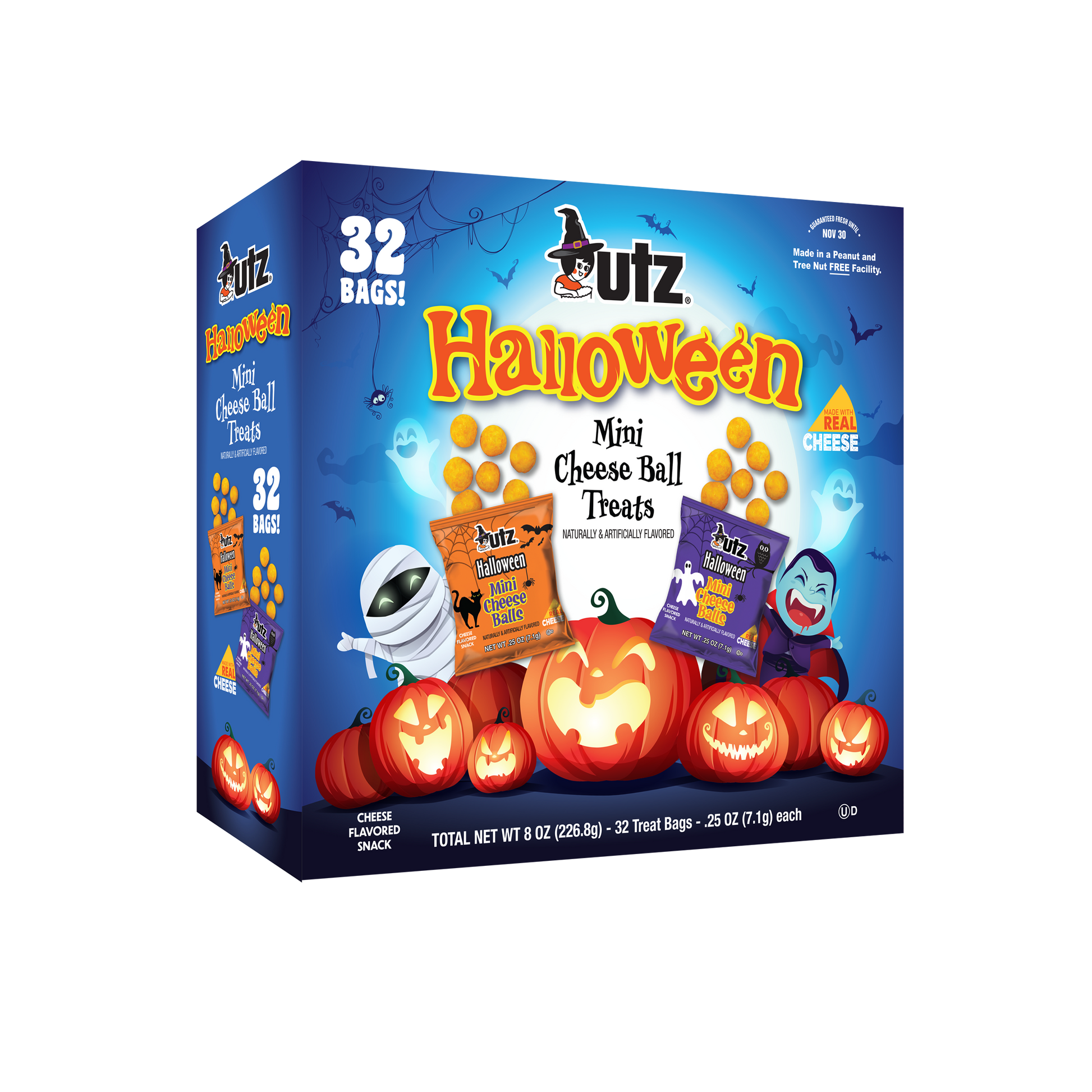 Box of Utz Halloween Mini Cheese Ball Treats with colorful design and text.