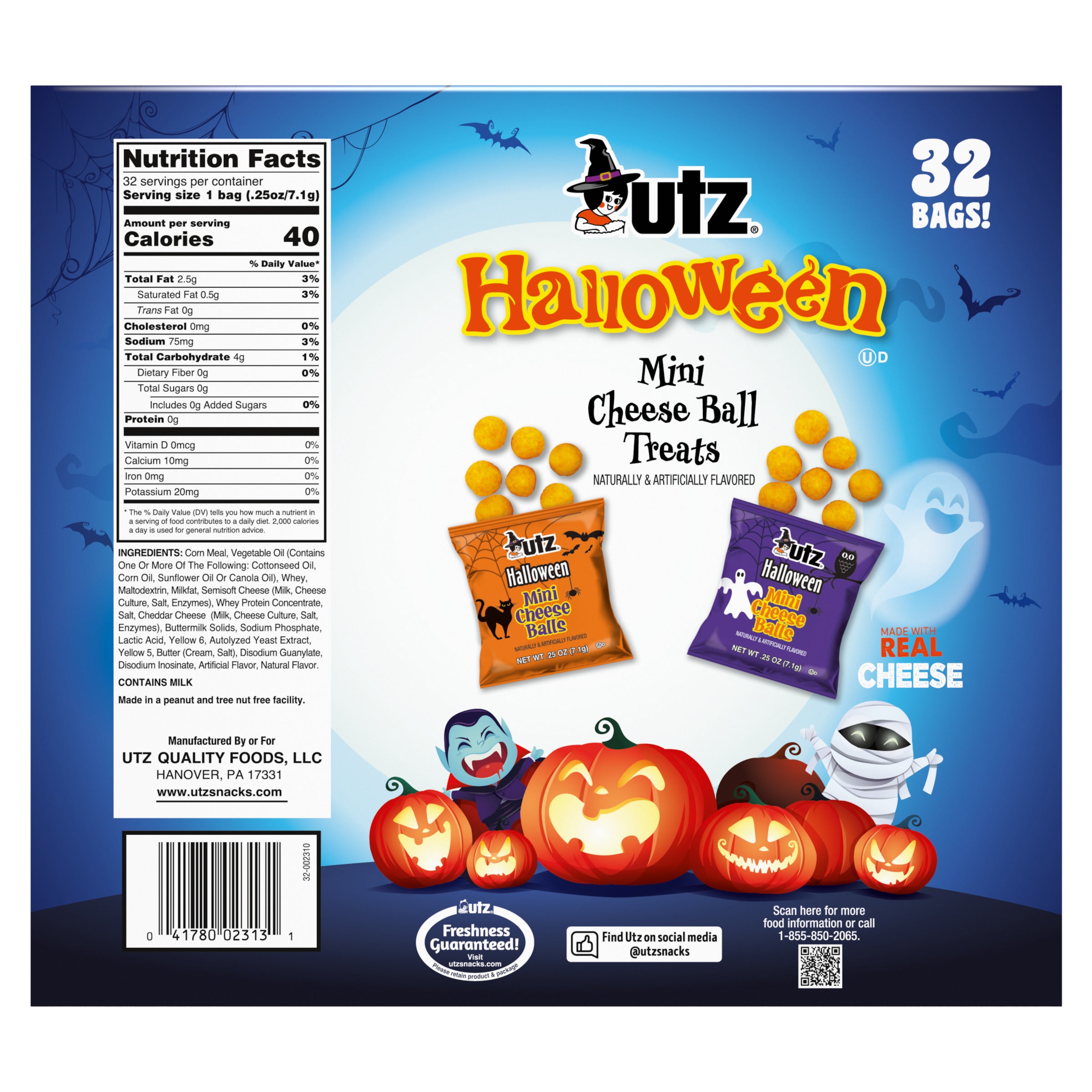 UTZ Halloween Mini Cheese Ball Treats packaging with pumpkins and candy corn on a blue background