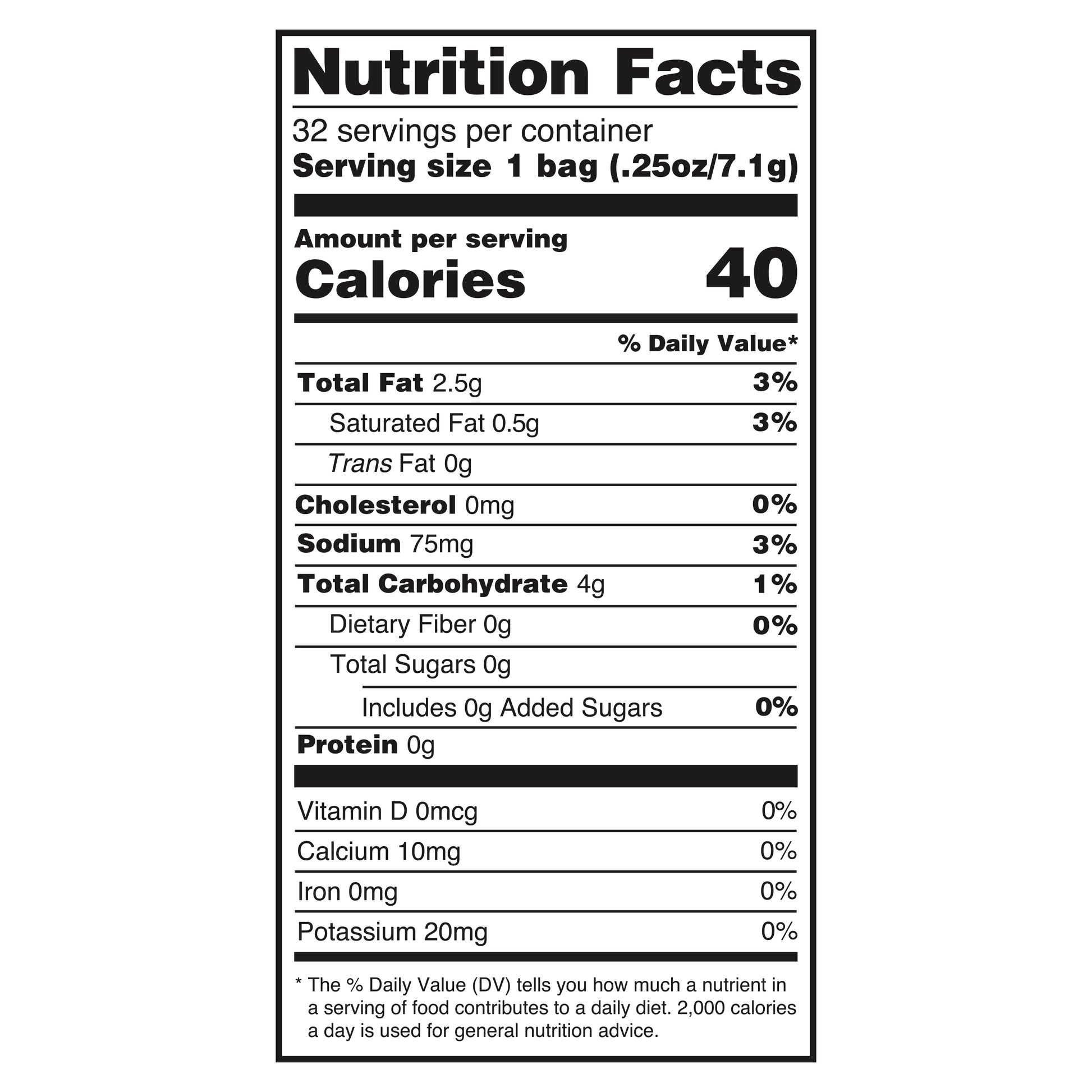 Nutrition facts label for a product with serving size, calories, and nutritional content details.