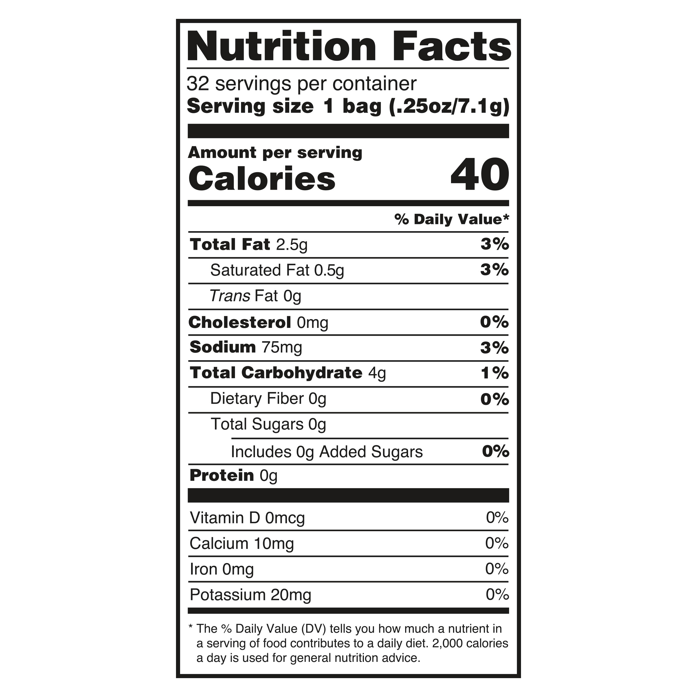 Nutrition facts label for a product with serving size, calories, and nutritional content details.