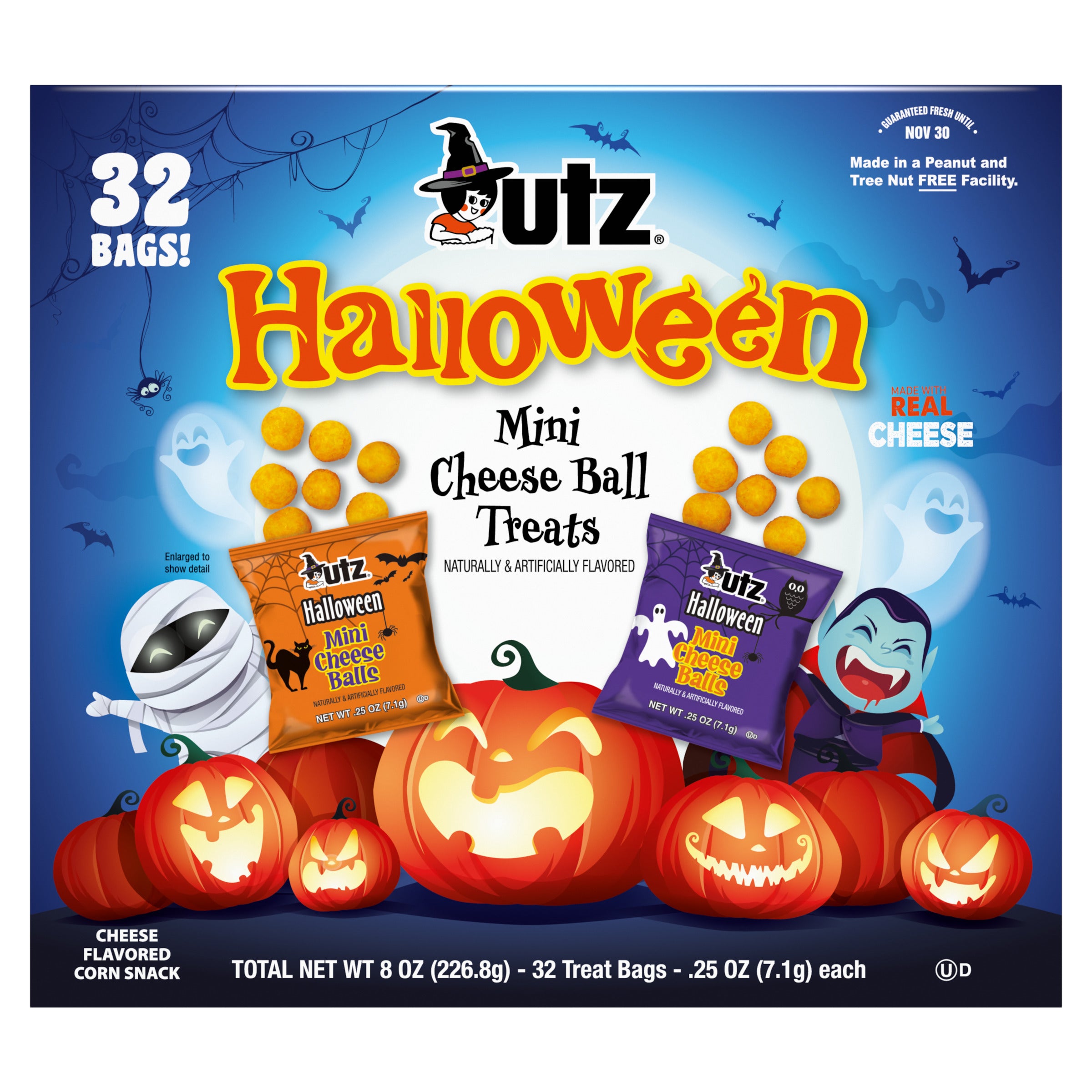 UTZ Halloween Mini Cheese Ball Treats packaging with pumpkins and cartoon characters on a blue background.
