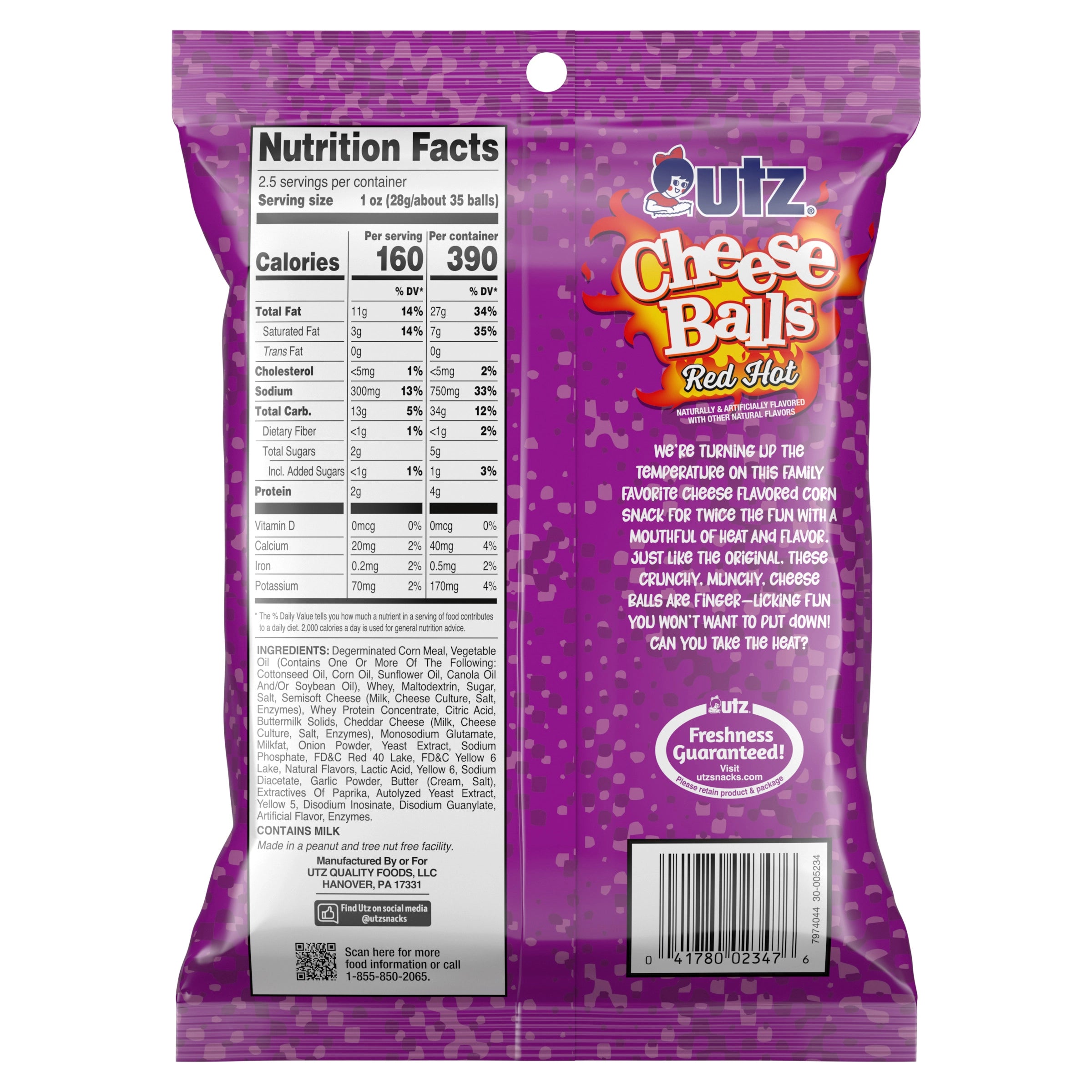 Purple bag of Utz Cheese Balls Red Hot with nutrition facts and ingredients list on a white background