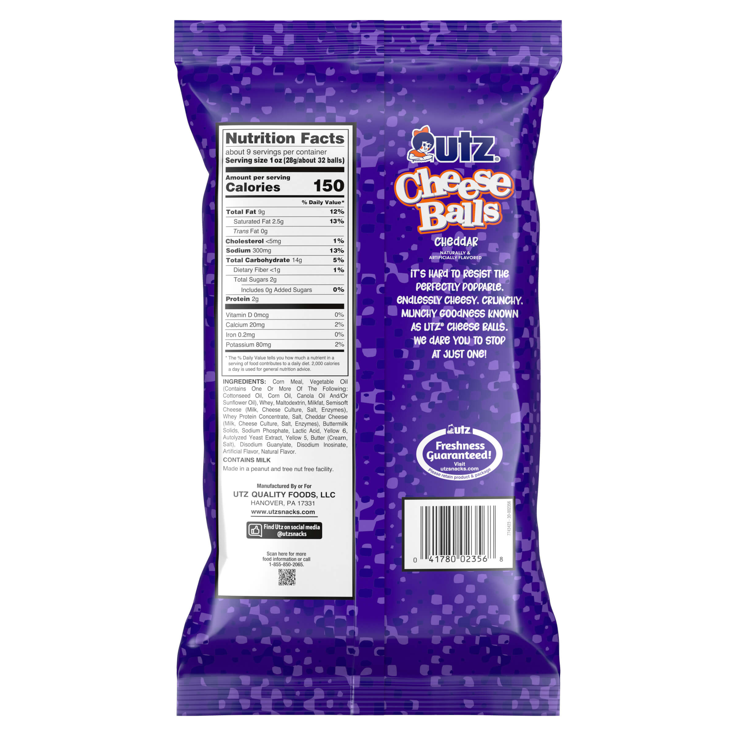 Back of Utz Cheddar Cheese Balls bag with nutrition facts