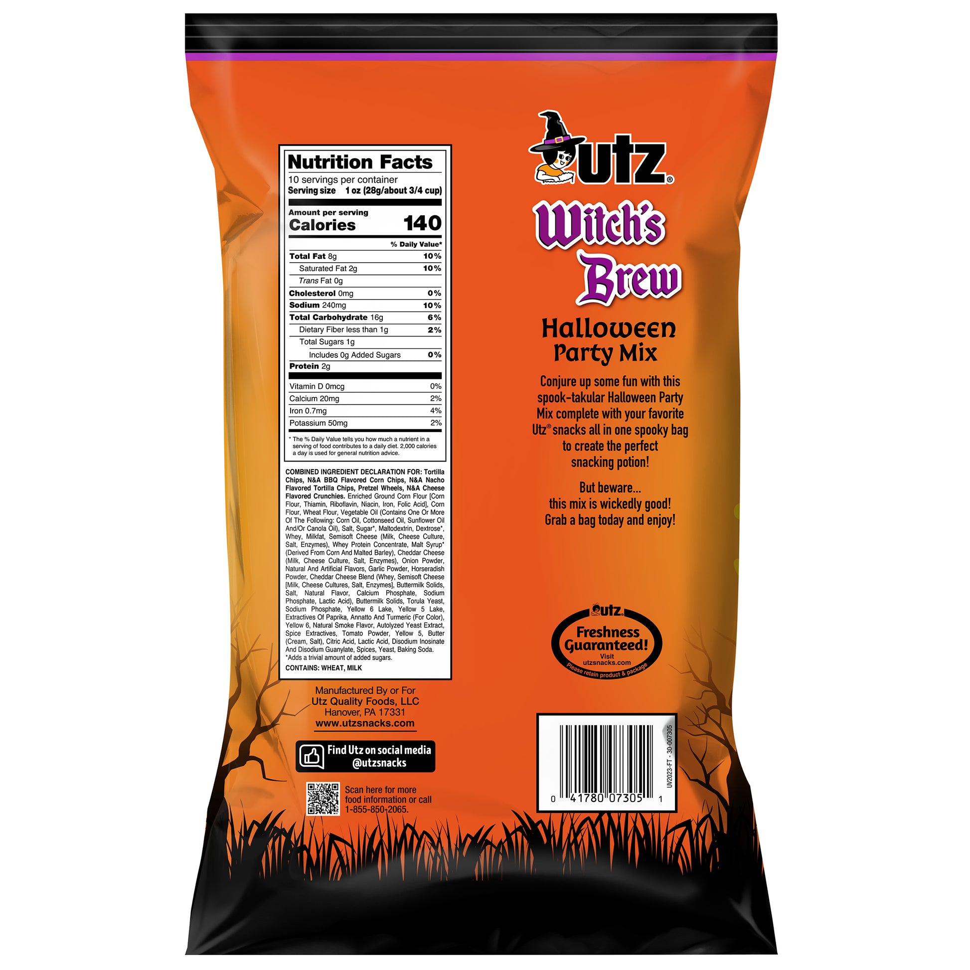 Orange bag of Butz Witch's Brew Halloween Party Mix with nutritional information and branding.