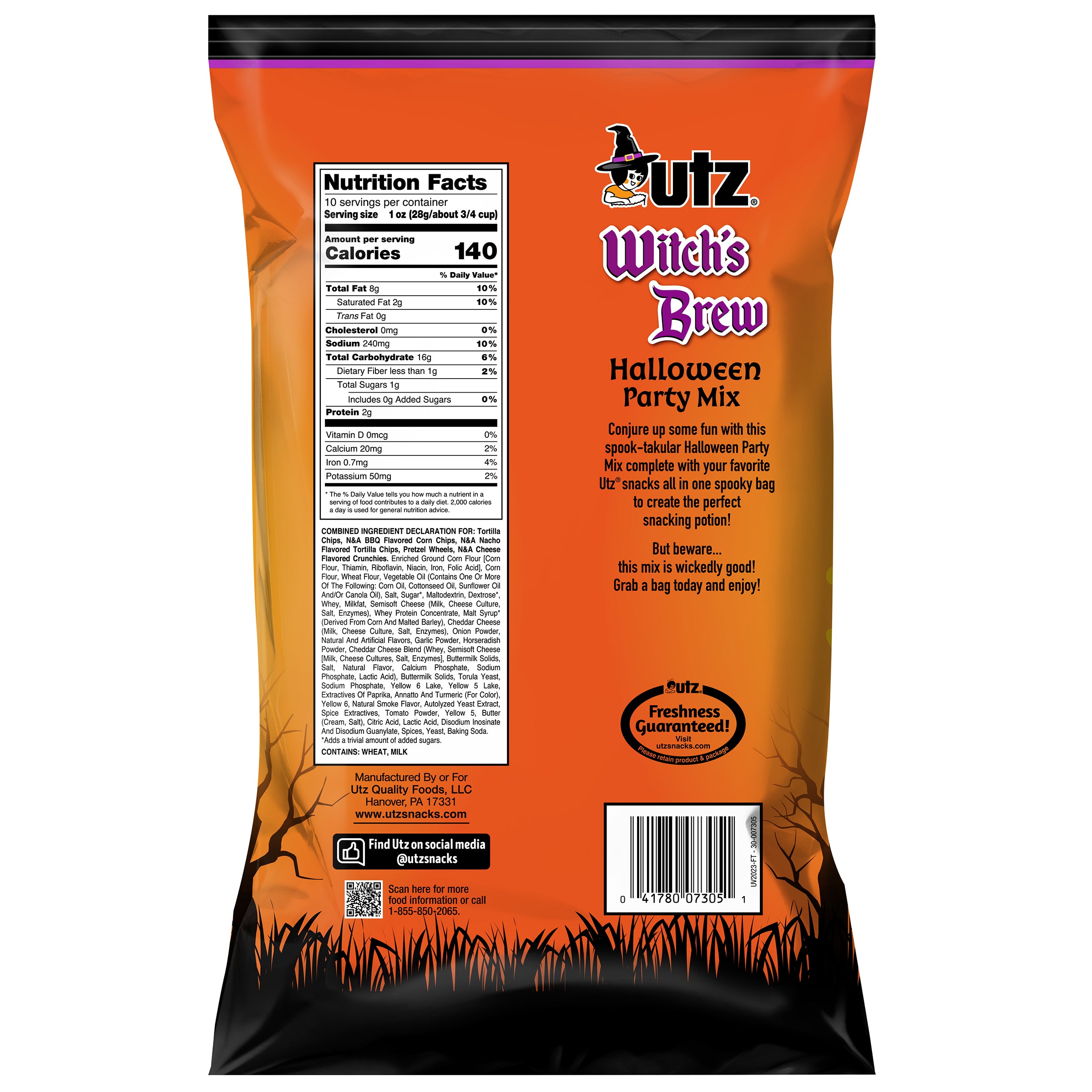 Orange bag of Butz Witch's Brew Halloween Party Mix with nutritional information and branding.