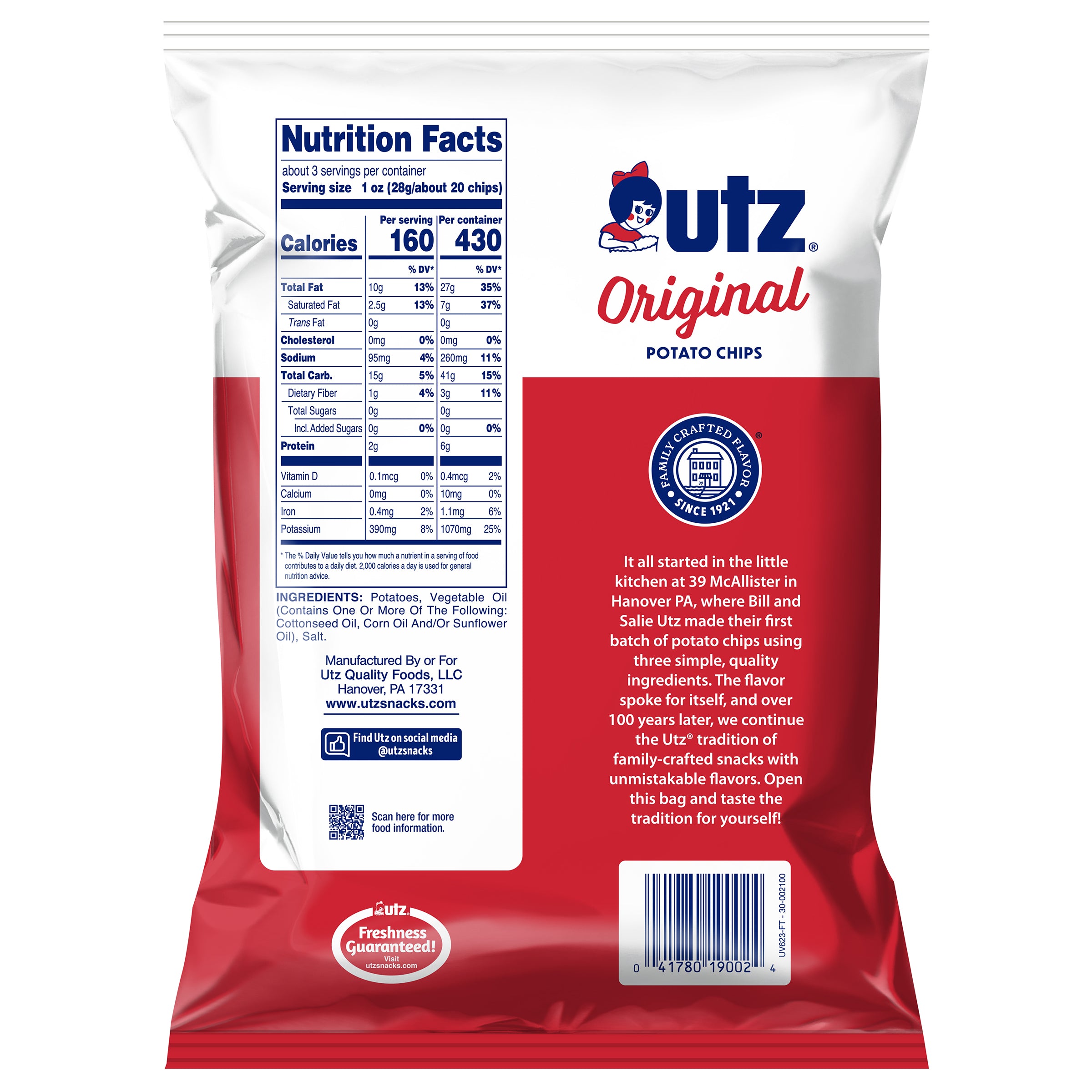 Outz Original Potato Chips packaging with nutrition facts and brand history on a white background