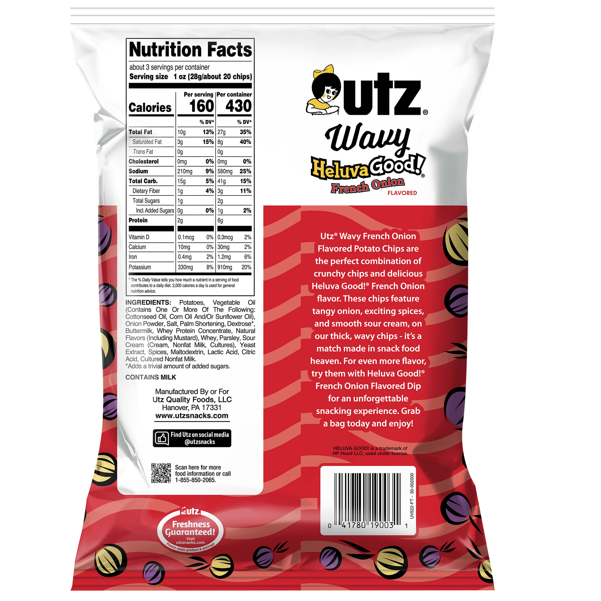 Outz Wavy Heluva Good! French Onion flavored potato chips packaging with nutrition facts and description.